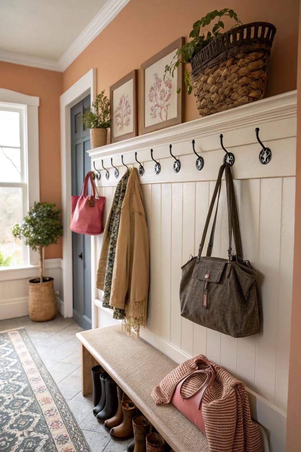 Ornamental fasteners boost both functionality and style in this mudroom.