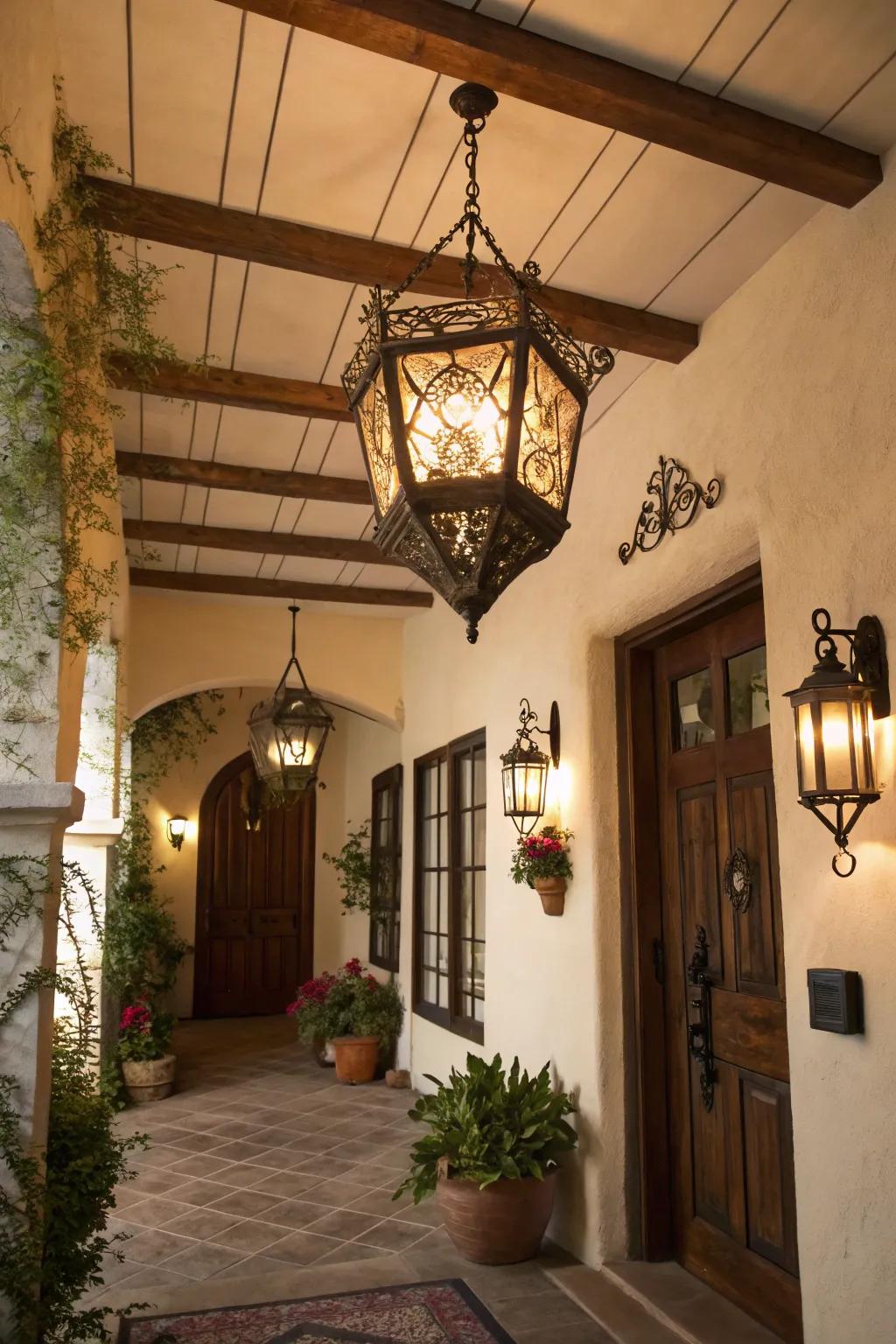 A foyer featuring a rustic lantern-style light, adding unexpected charm.