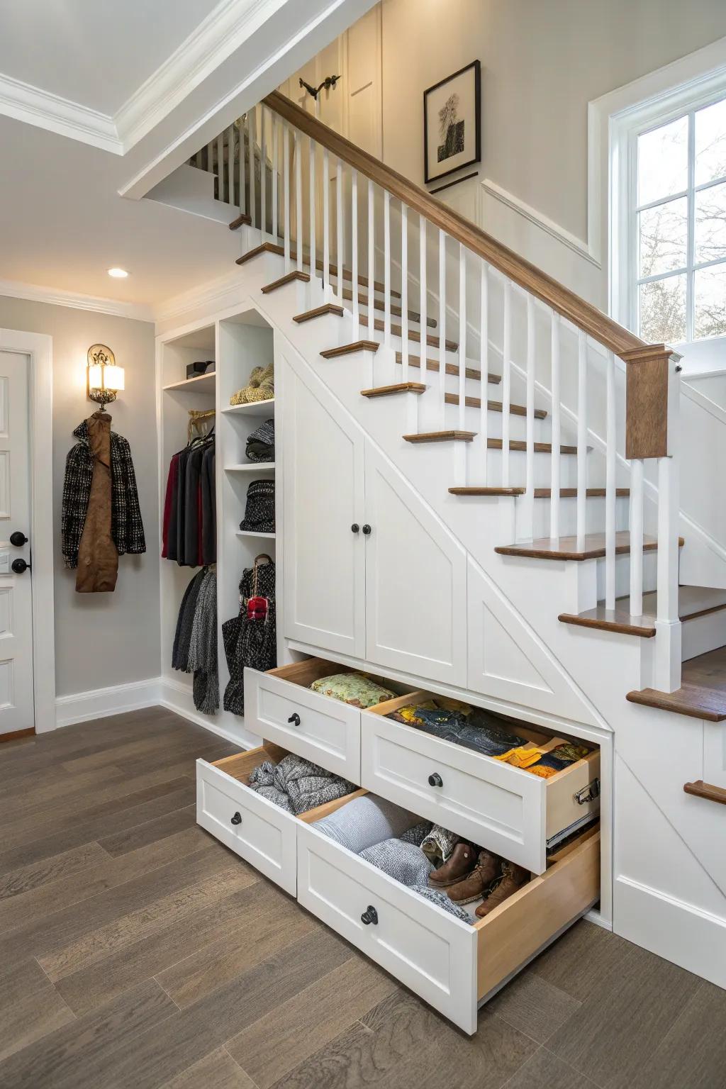 Space under stairs optimizes unused space efficiently.