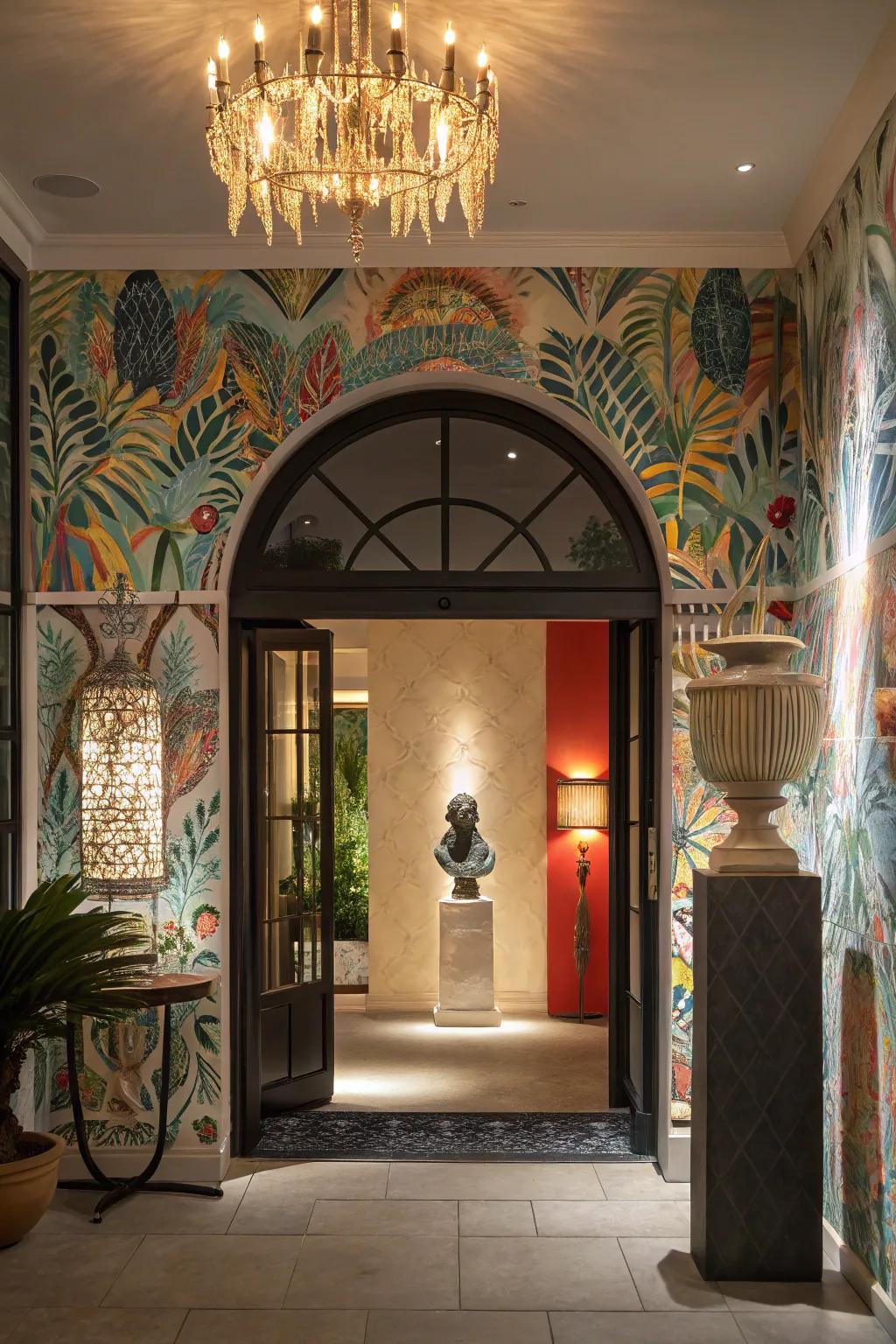 Creative entryway featuring mural wallpaper as an artistic masterpiece.