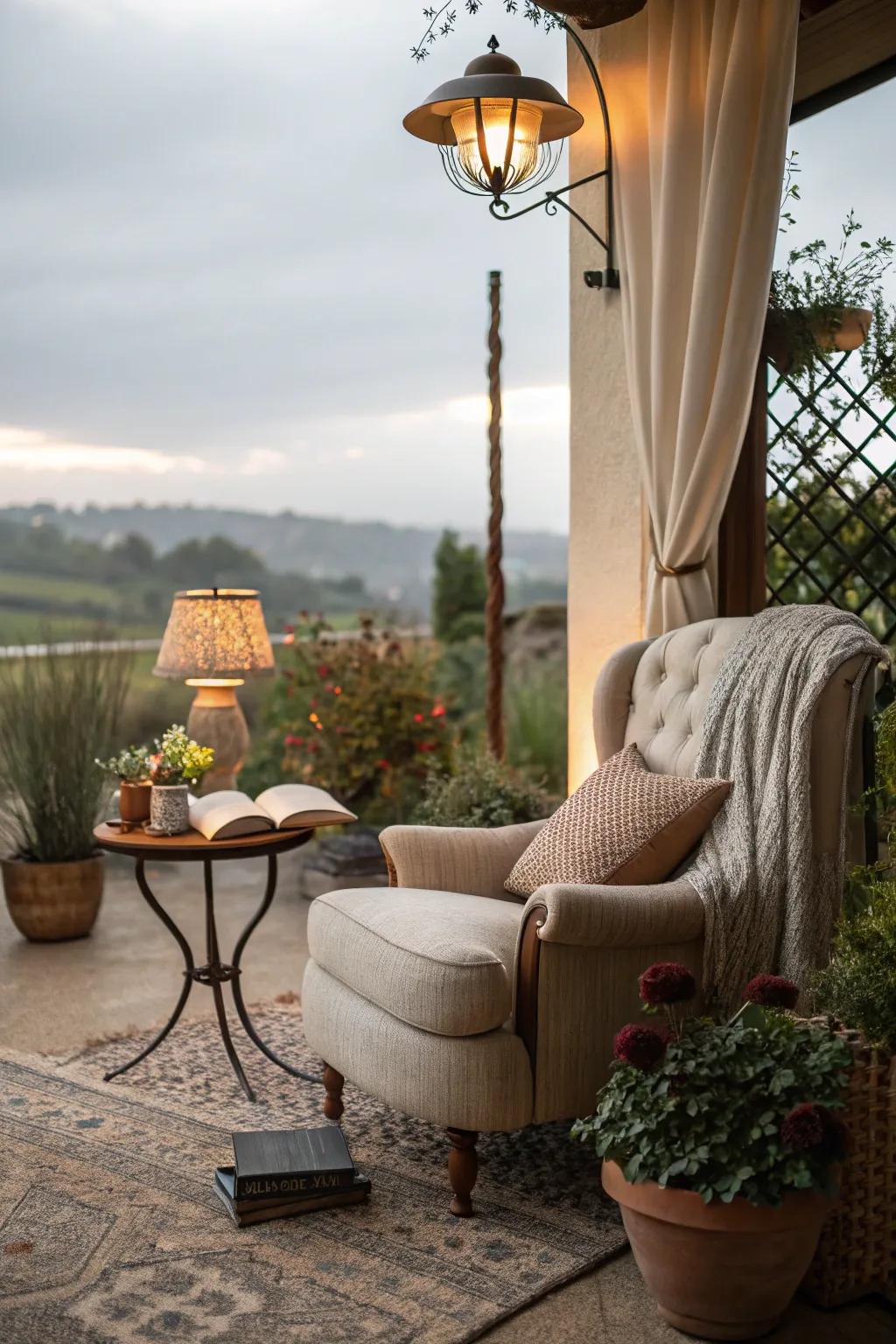 A cozy reading space provides a peaceful retreat on a patio.