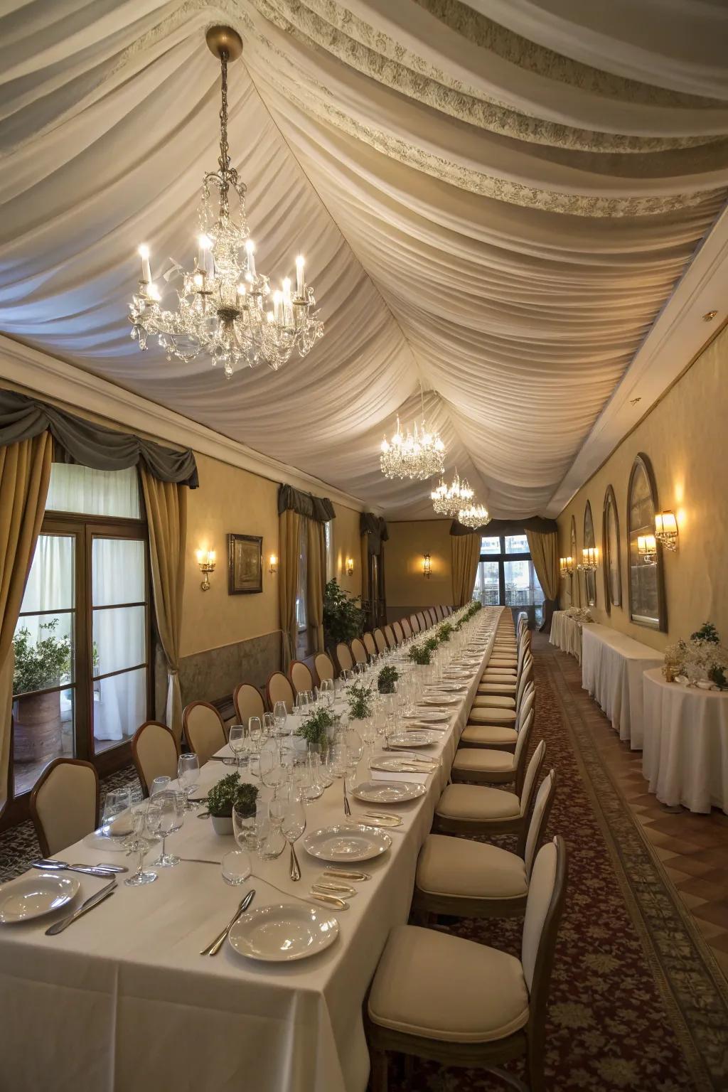 Enhance your dining room with elegant fabric drapes.