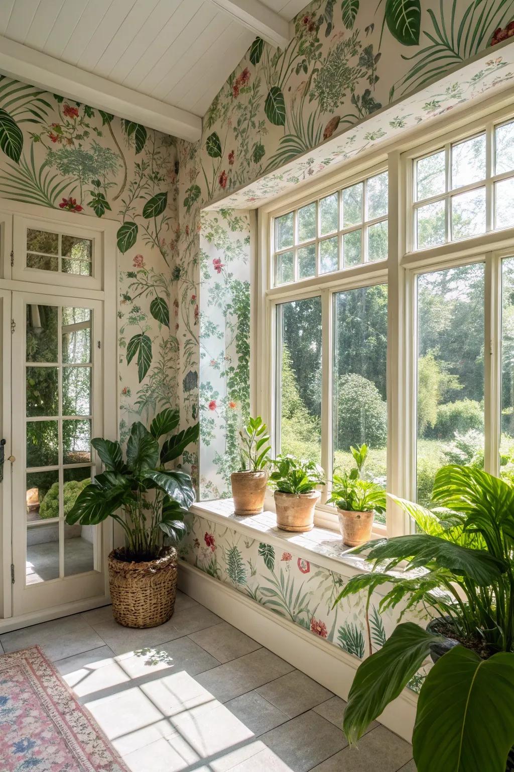 Nature-themed fusion in fabric wallpaper brings the garden indoors.
