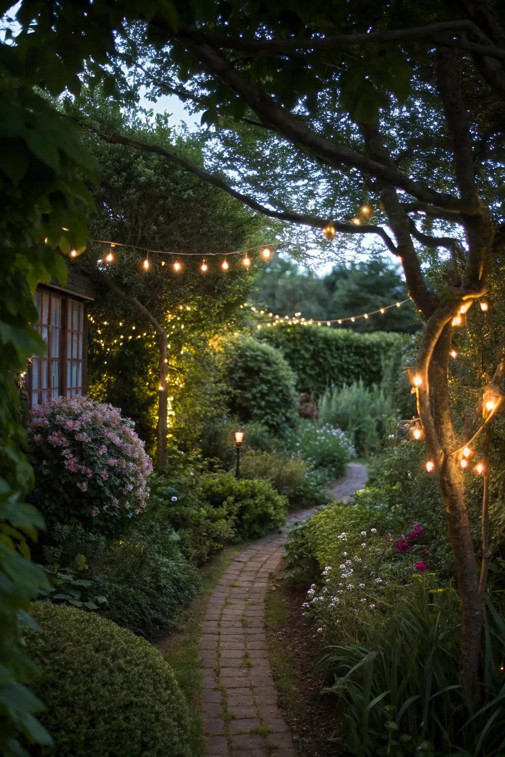 Ornamental lights in shrubs evoke a secret garden atmosphere.