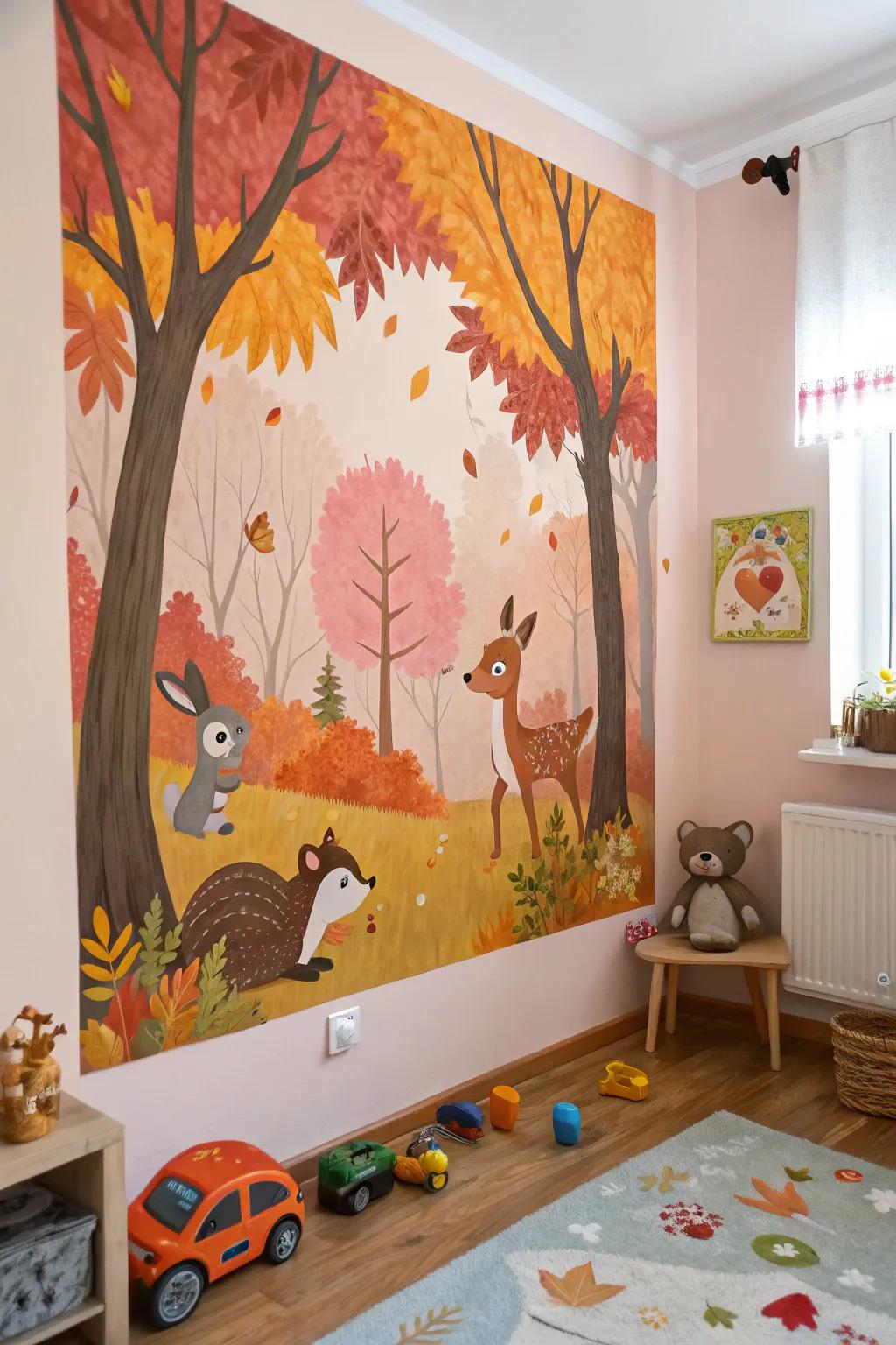 Forest animals frolic amidst fall foliage, welcoming creativity.