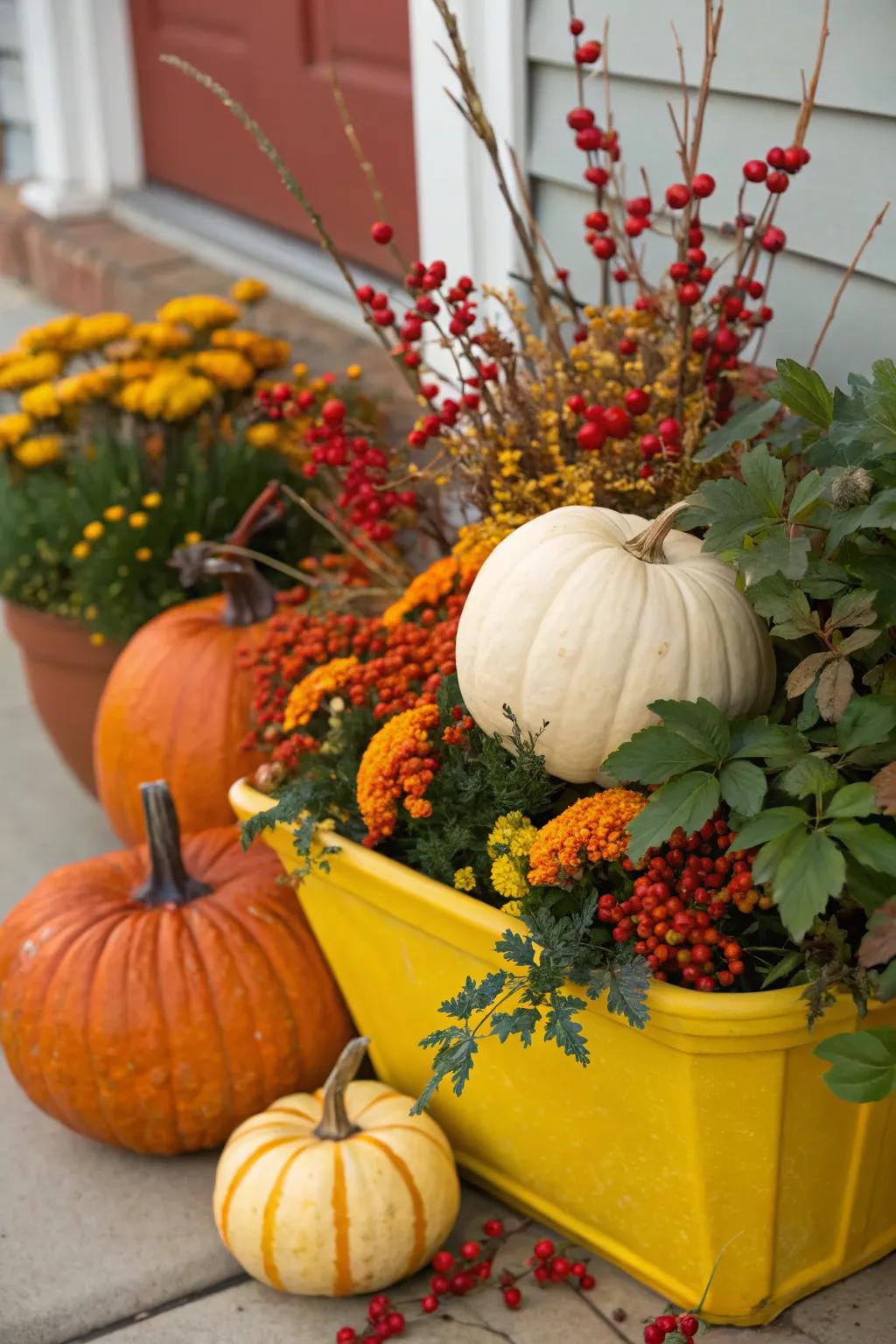 Autumn berries deliver a vibrant contrast to gourd displays.