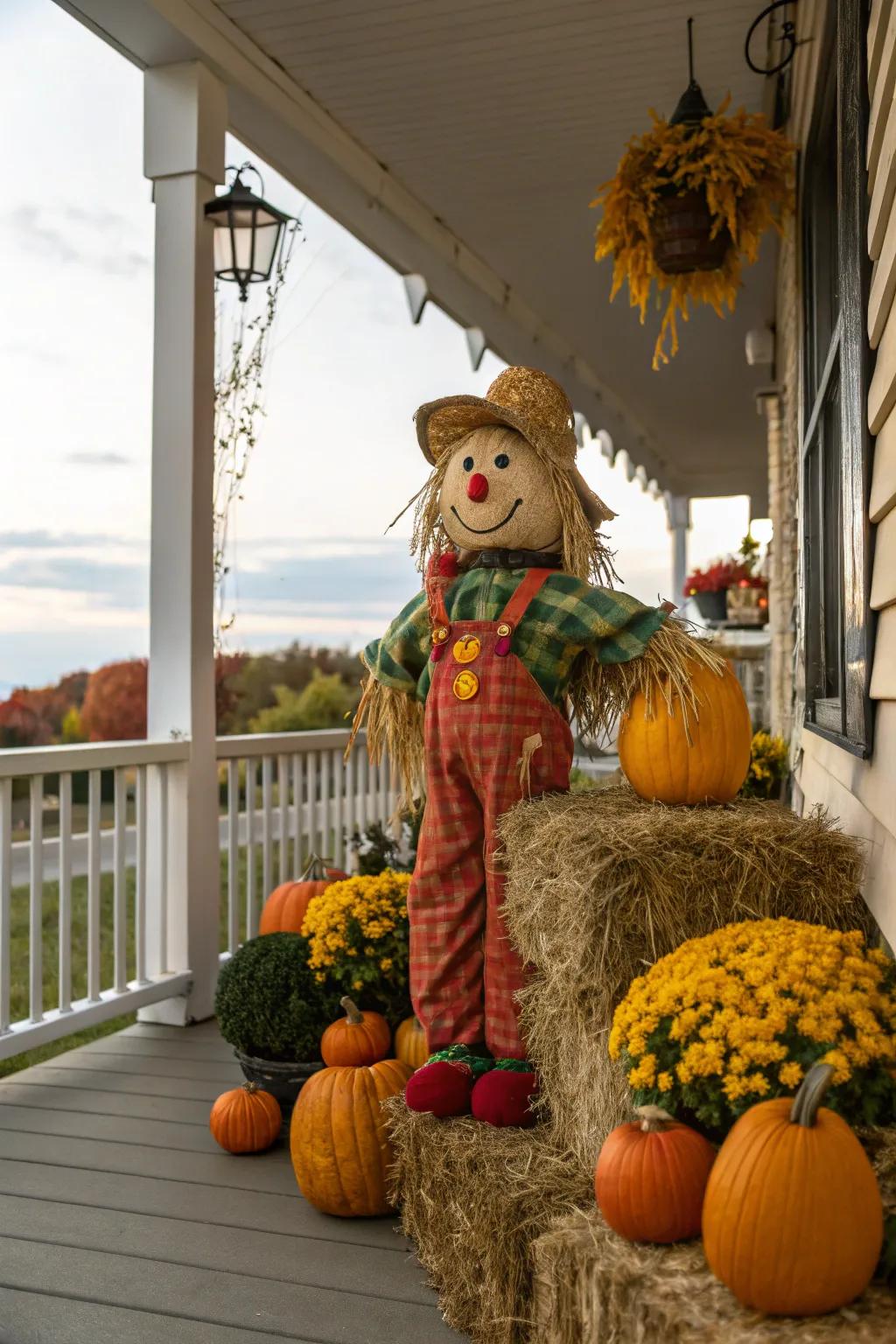 A cheerful effigy brings a whimsical touch to the autumn porch.