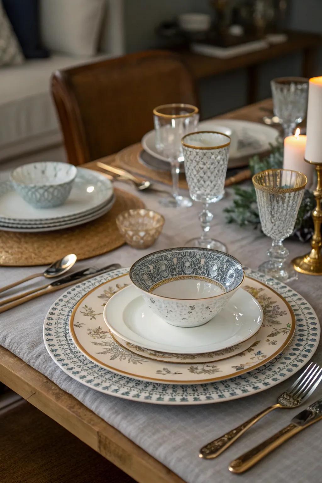 Mixing and matching styles creates a charming, eclectic dinner setting.