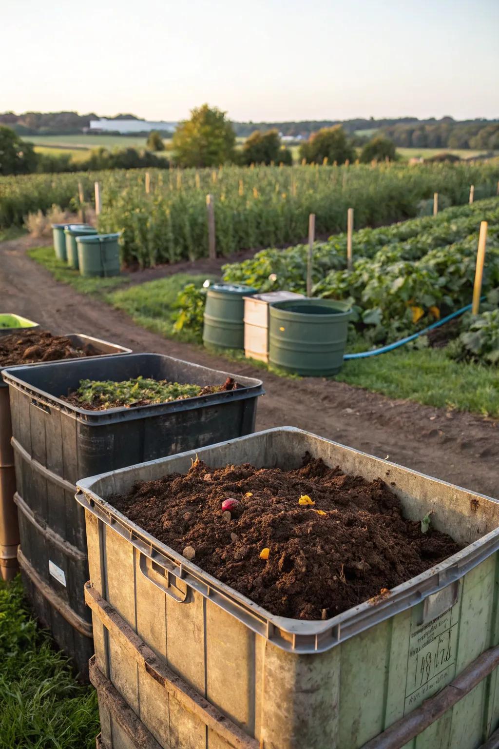 Organic recycling containers turning waste into valuable soil enrichment.