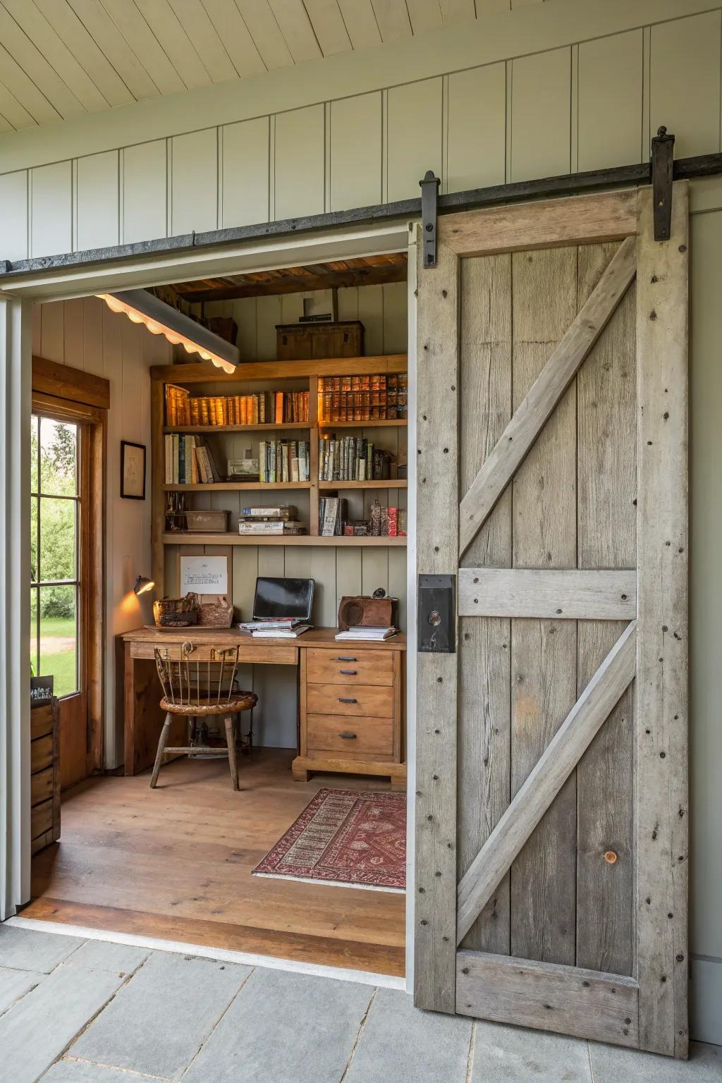 A sliding barn-style gateway conveying rustic allure.