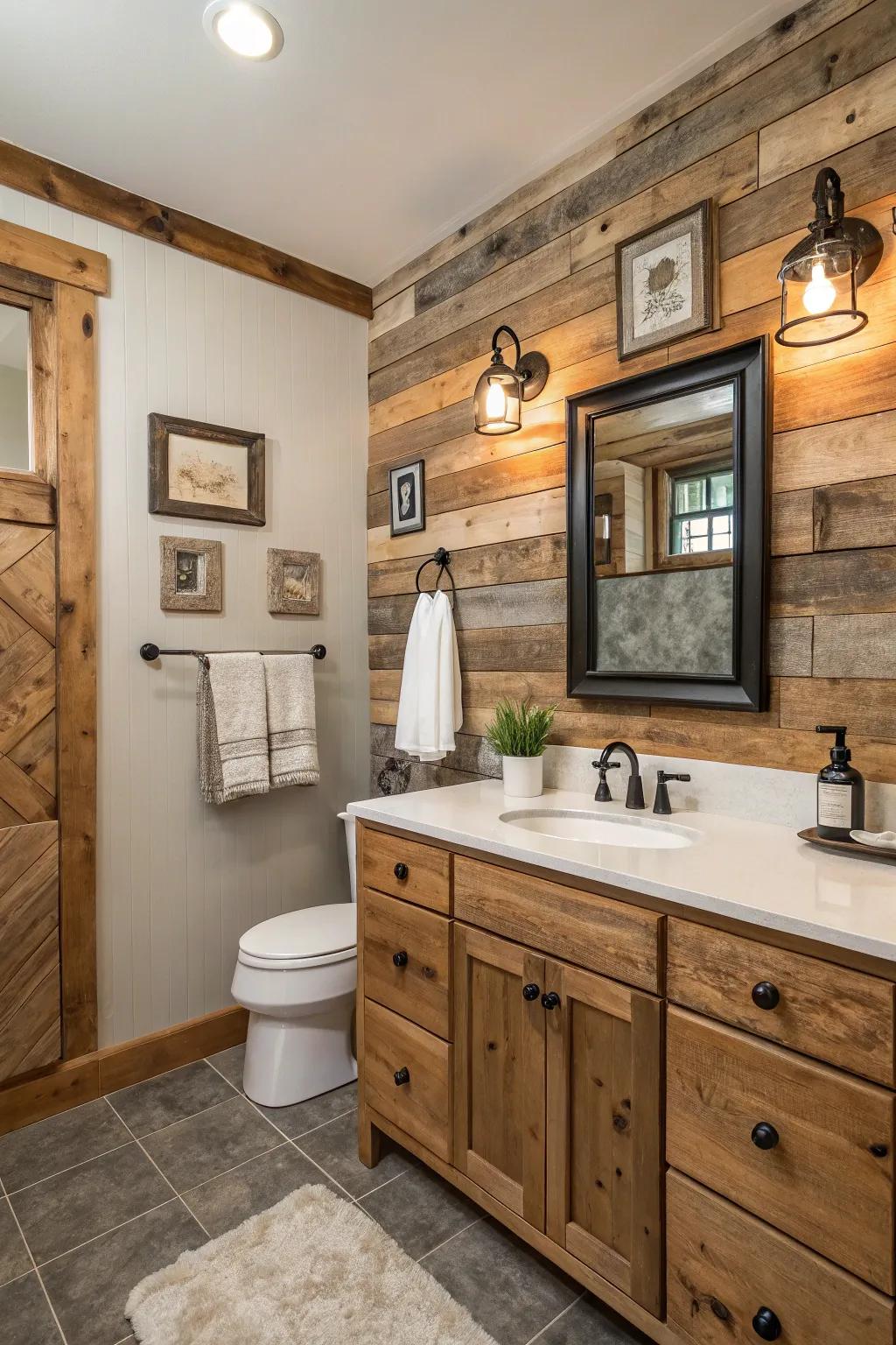 A feature wall gives a country bathroom personality and uniqueness.