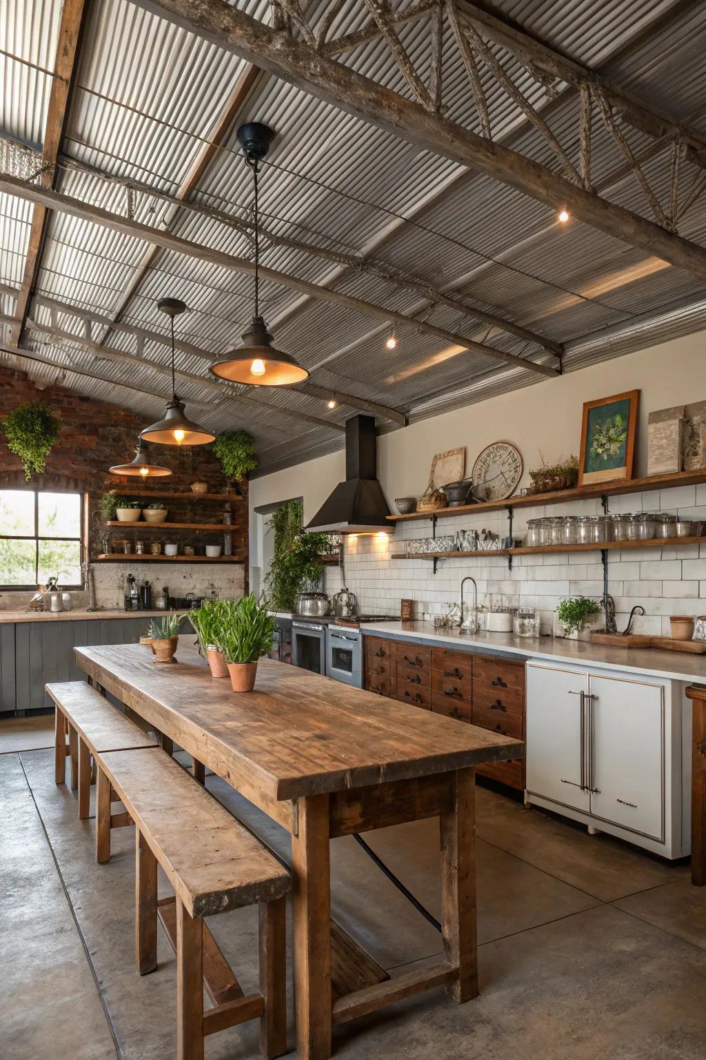 Metallic accents add an unexpected twist to this farmhouse kitchen ceiling.