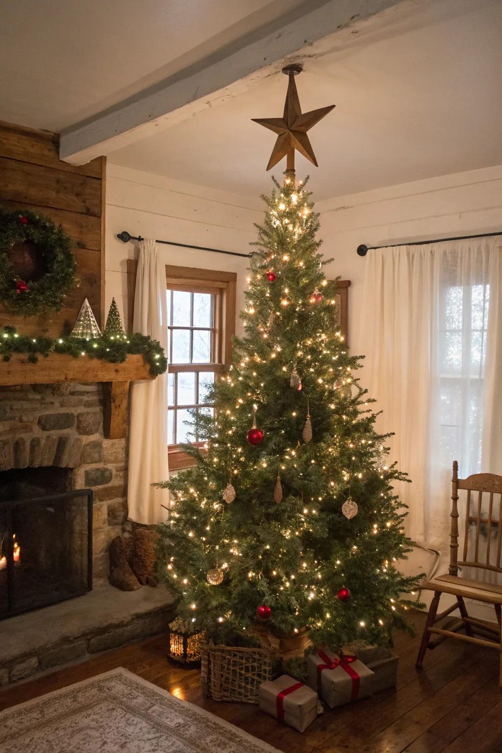 A simple star topper crowns this appealing farmhouse Christmas tree.