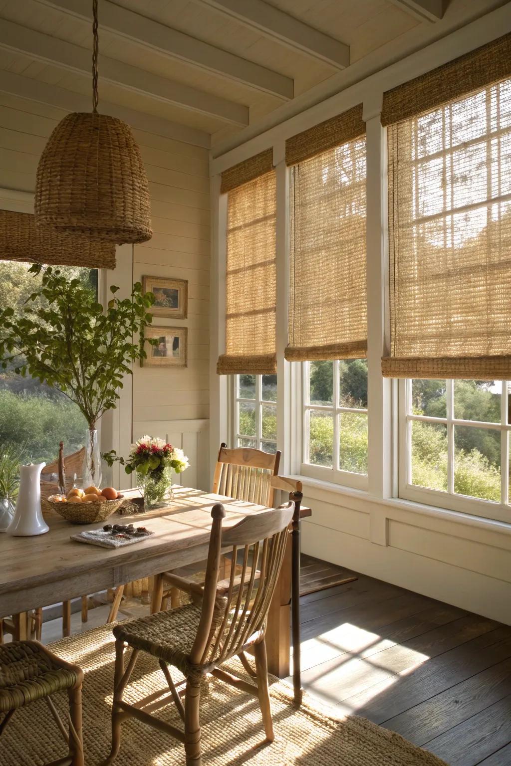 Woven wood shades providing texture and warmth in a sunny farmhouse dining area.