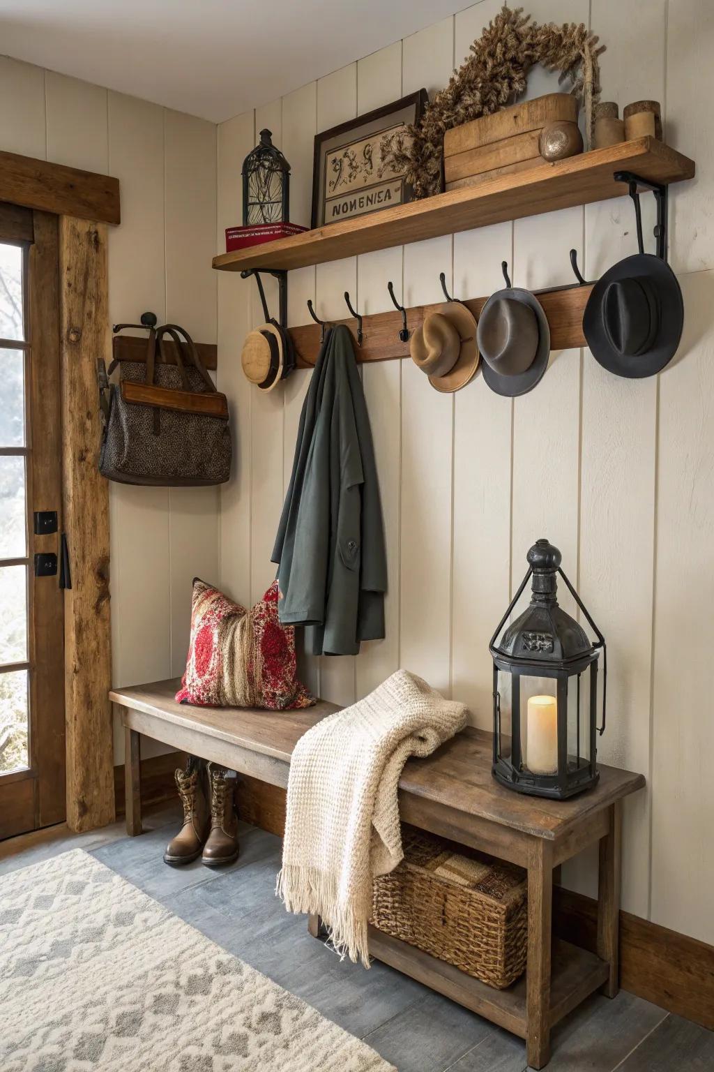 A practical and stylish countryside entryway with a wall-mounted garment rack.