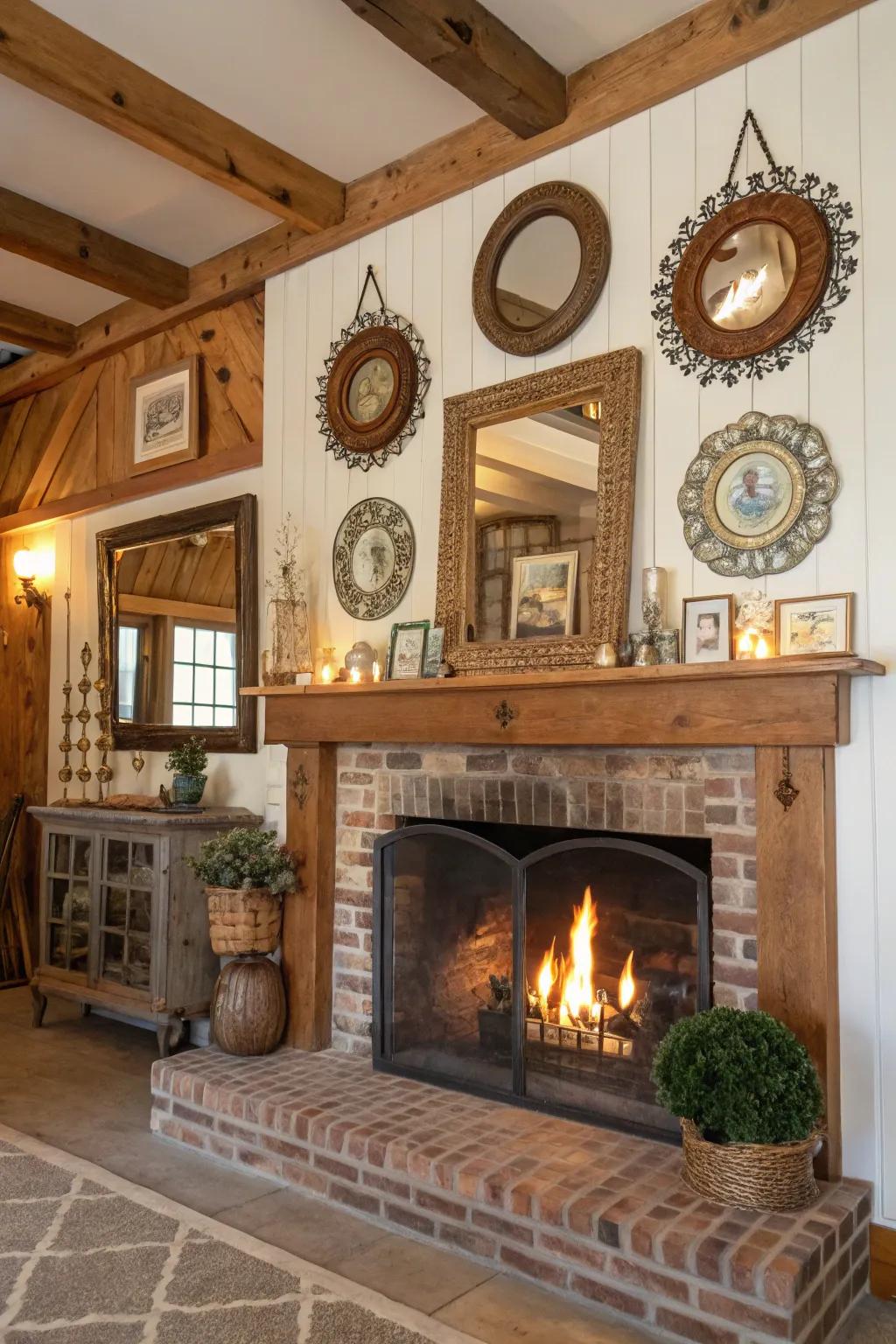 Ornamental accents heightening a farmhouse fireplace.