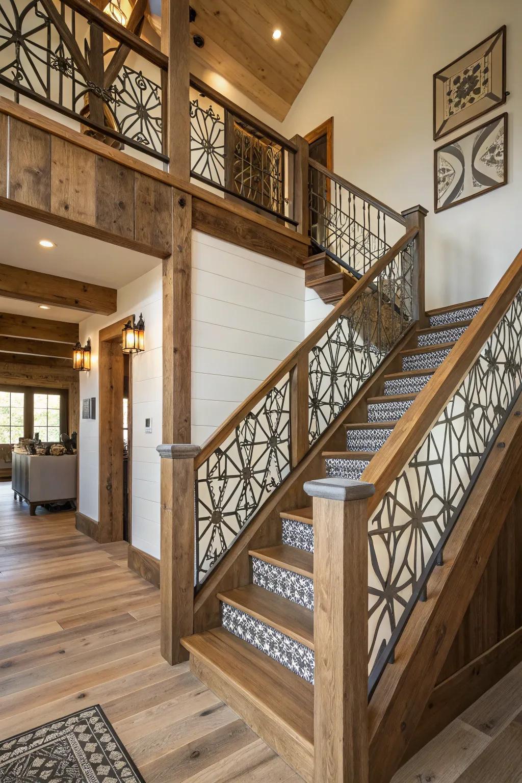 Geometric designs add a modern twist to farmhouse banisters.