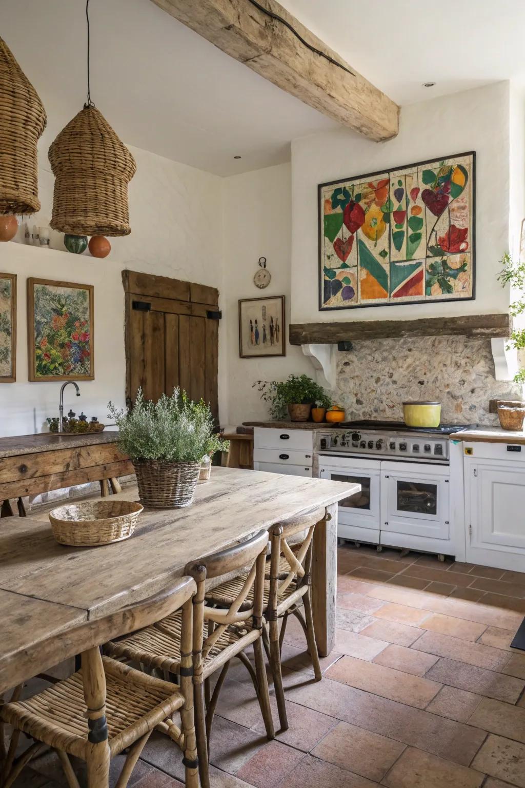 An eclectic art piece creating a focal point in a farmhouse cooking area.