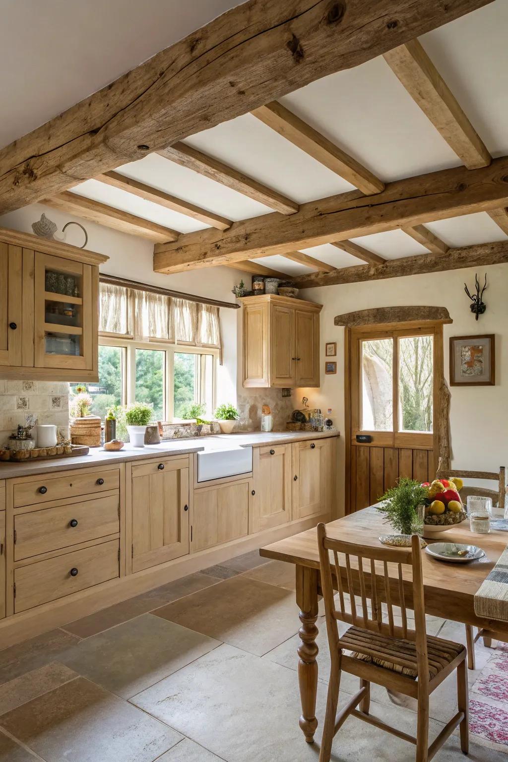 Country-style beams enhance the country-style feel of a cooking space with pale timber cabinetry.