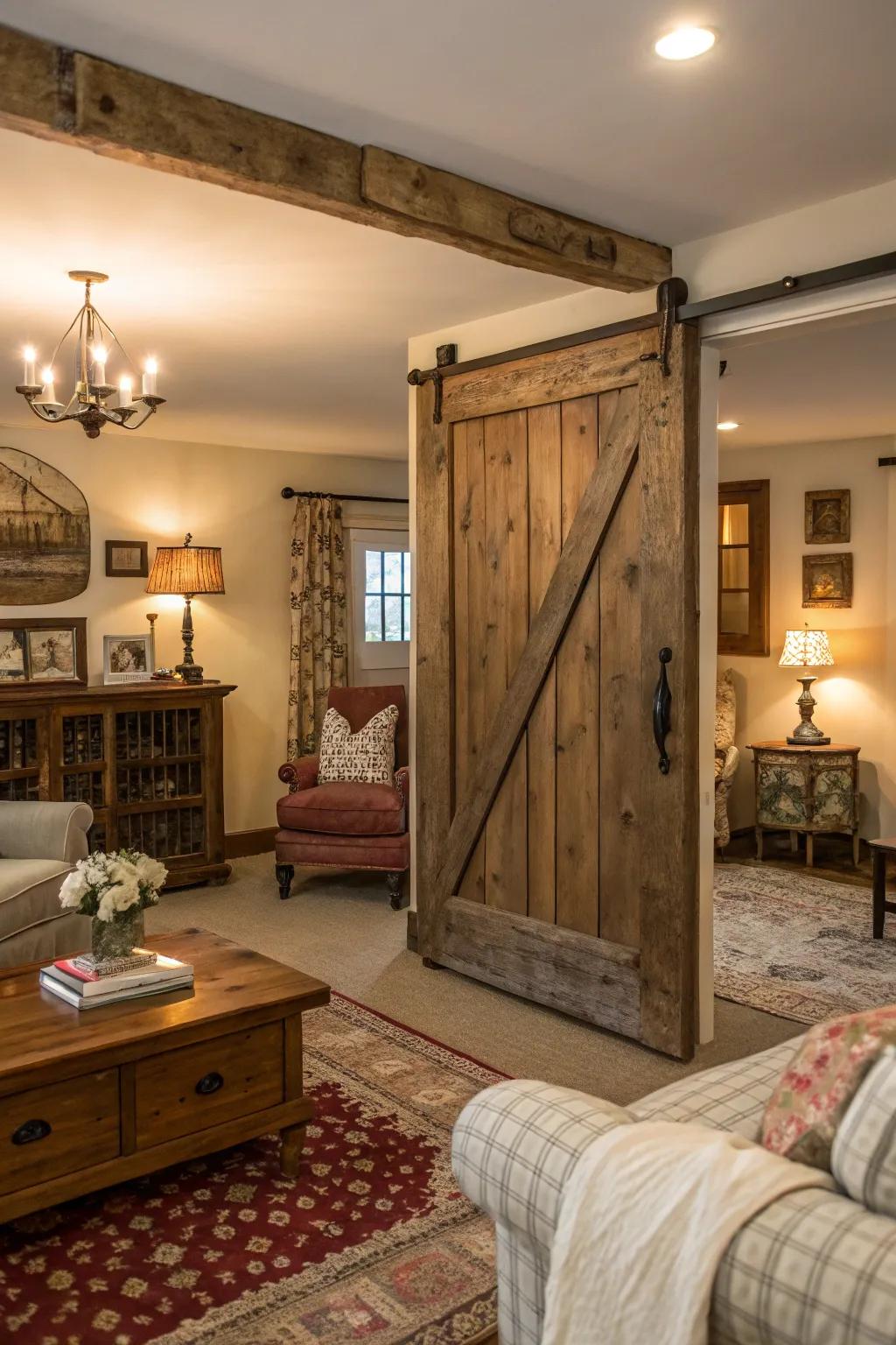 A barn door introduces useful farmhouse charm in this living space.