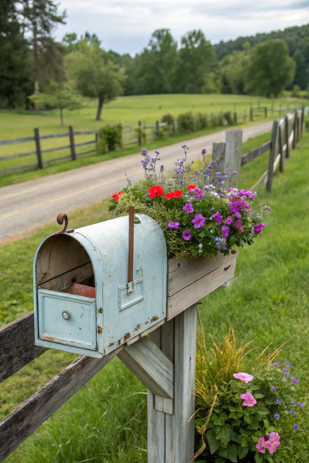 A planter box adds vibrant greenery to this farmhouse mailbox.