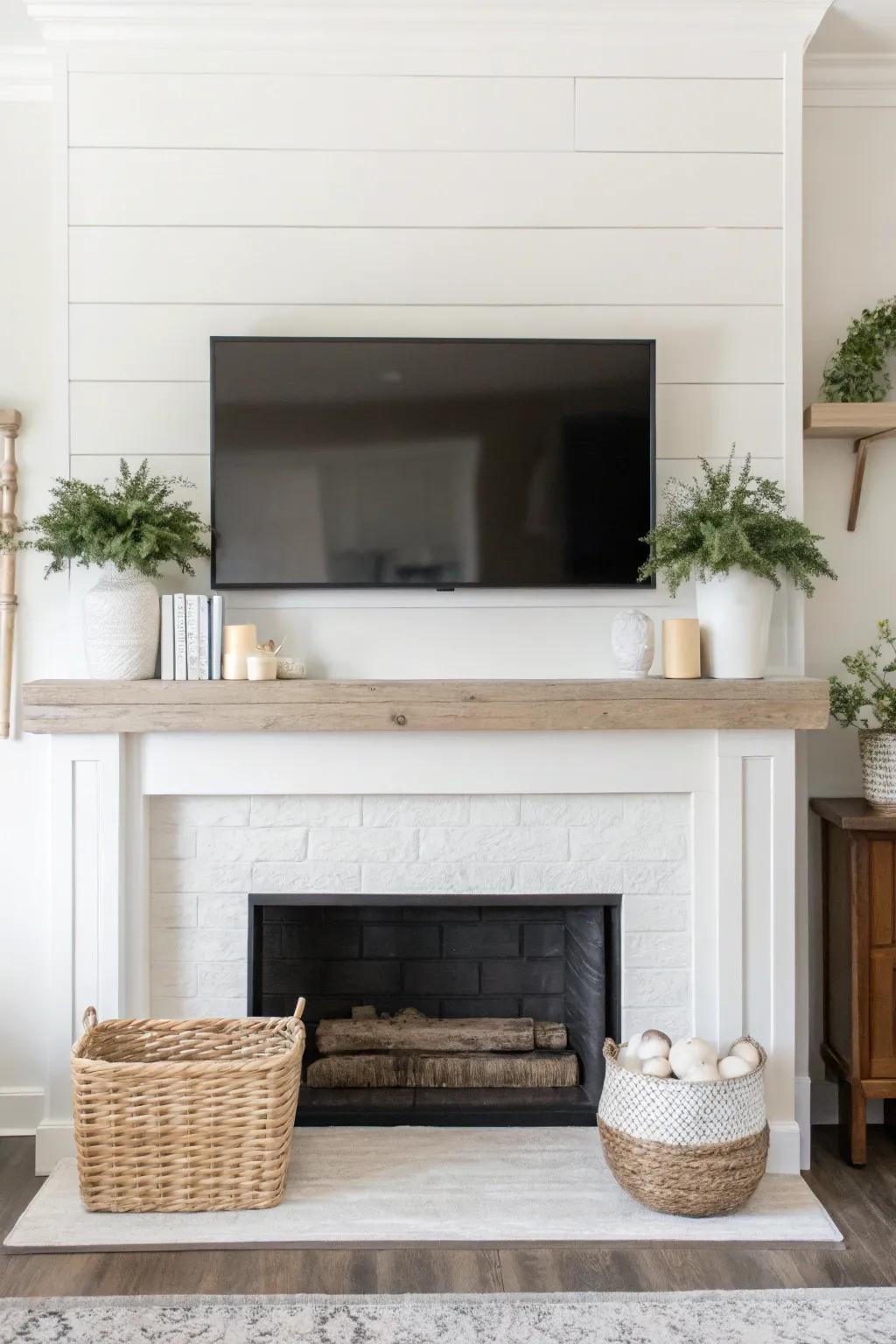 A minimalist farmhouse mantel with a TV above, showcasing simple and sophisticated décor.