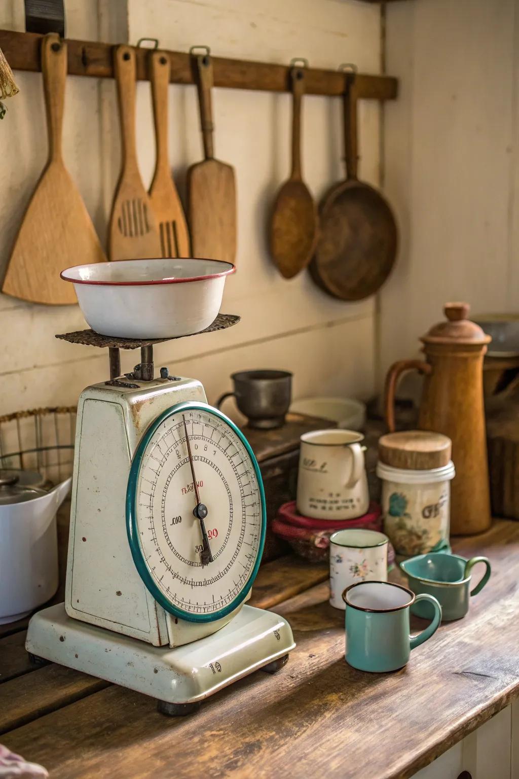 Nostalgic cooking utensils displayed on a classic balance.