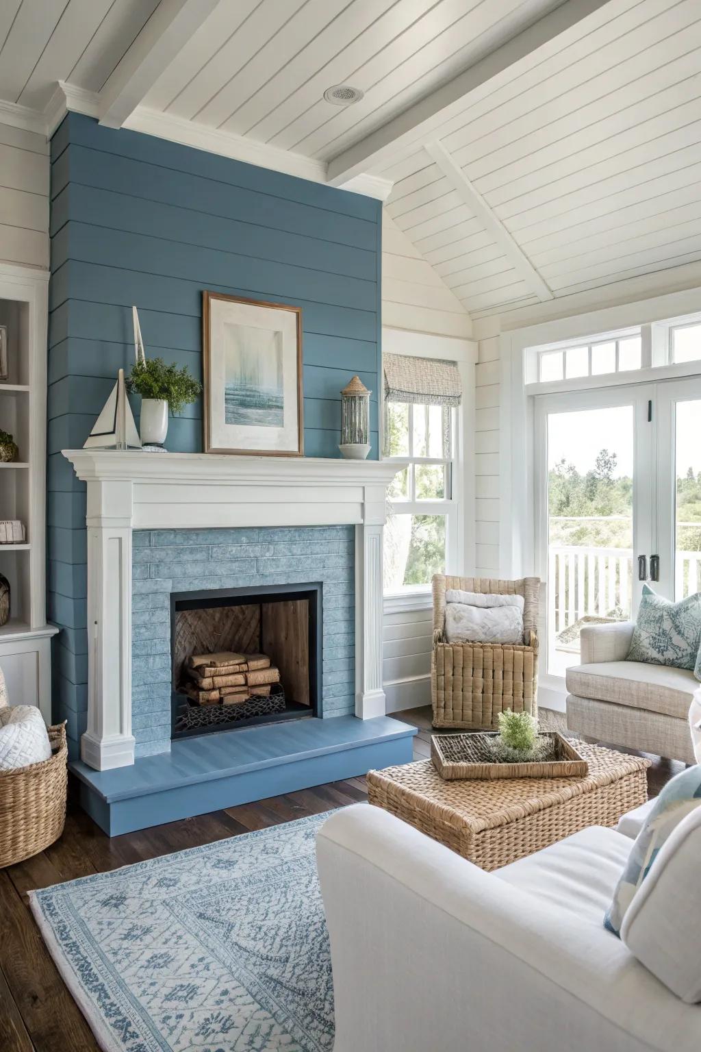Blue plank paneling brings coastal charm and a breezy atmosphere.