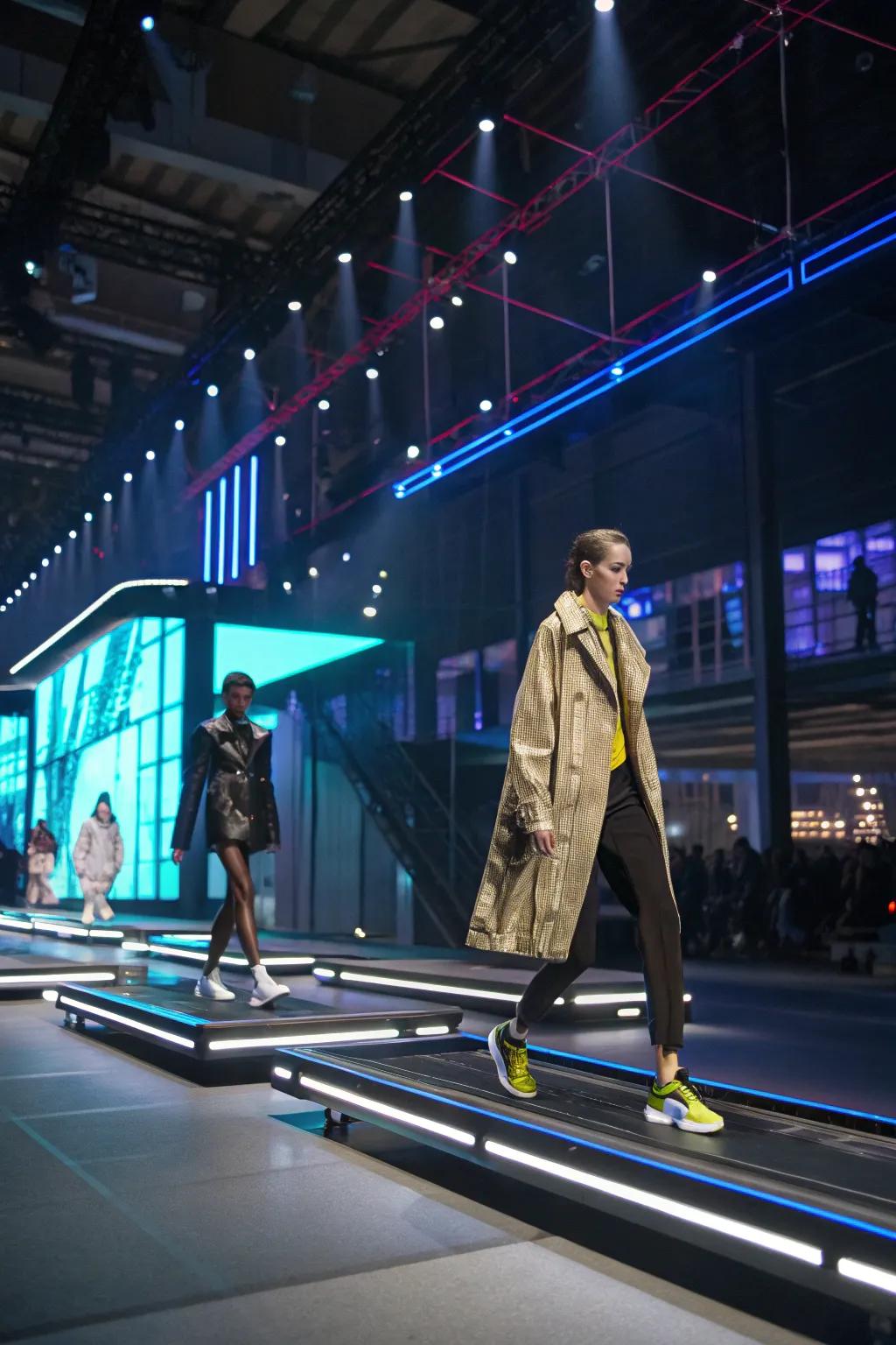 Moving platforms add a dynamic and futuristic touch to the fashion runway.