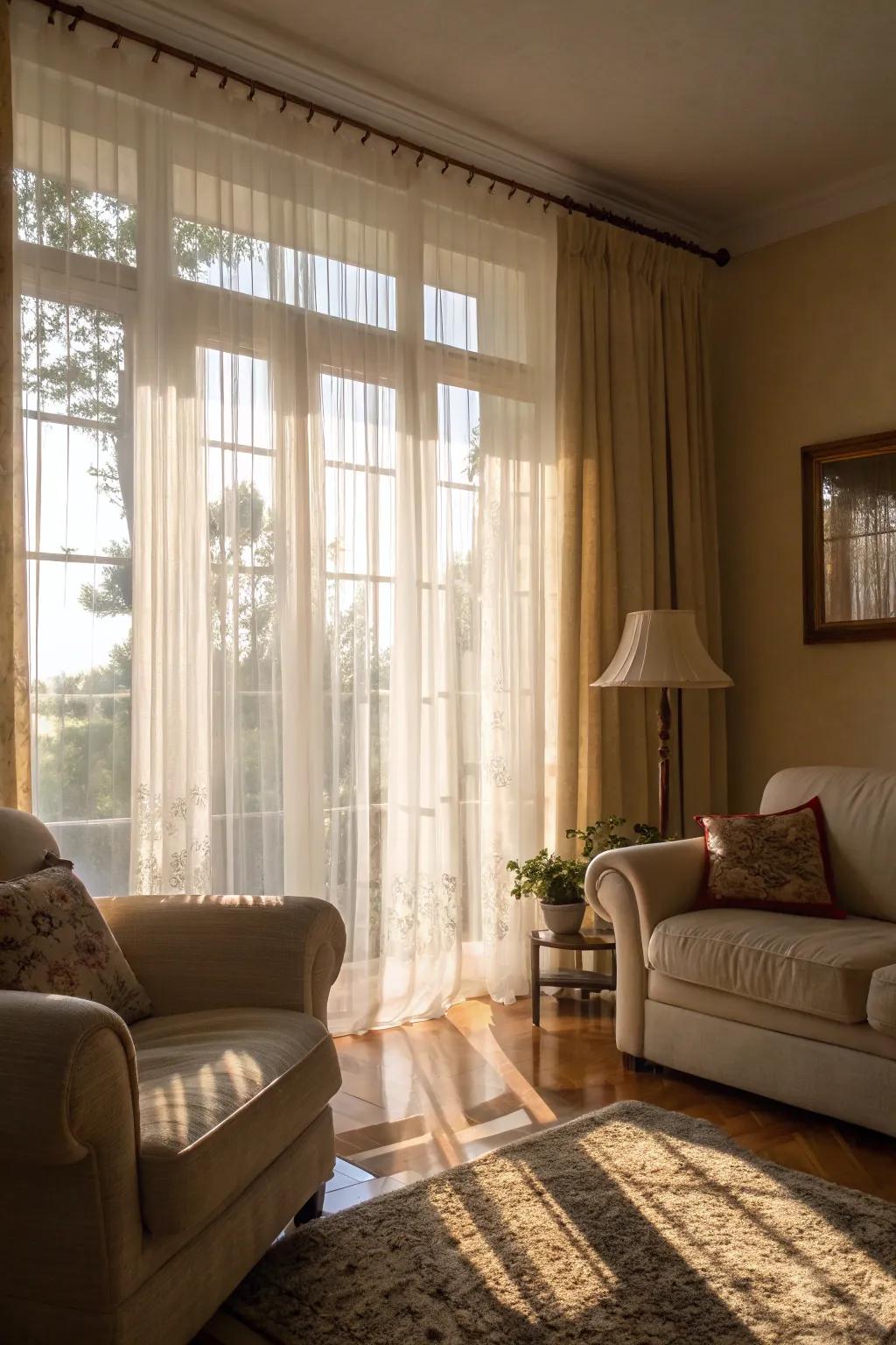 A living room brightened by sheer window coverings and natural light.