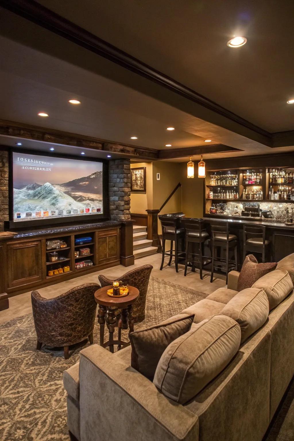 Experience the ultimate movie evening featuring a home movie bar.