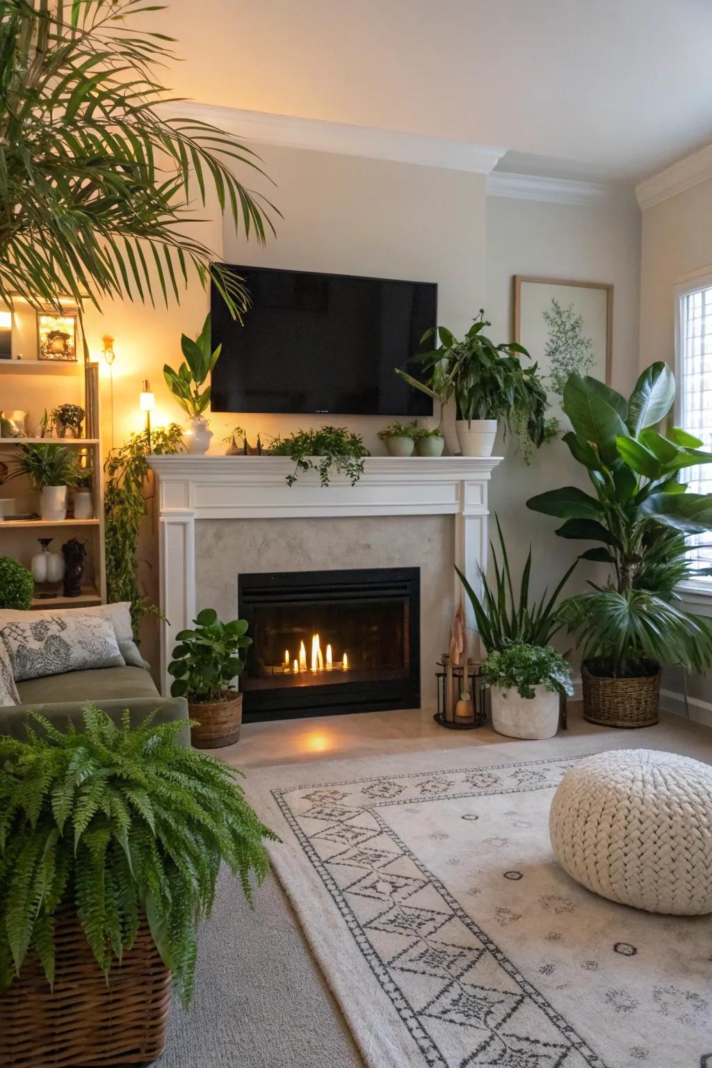 A family room showcasing plant life surrounding a fireplace wall and TV.