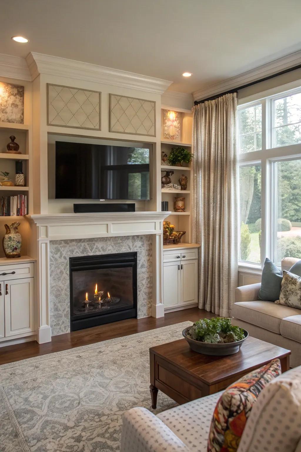 A tidy living room with concealed storage solutions around a fireplace.