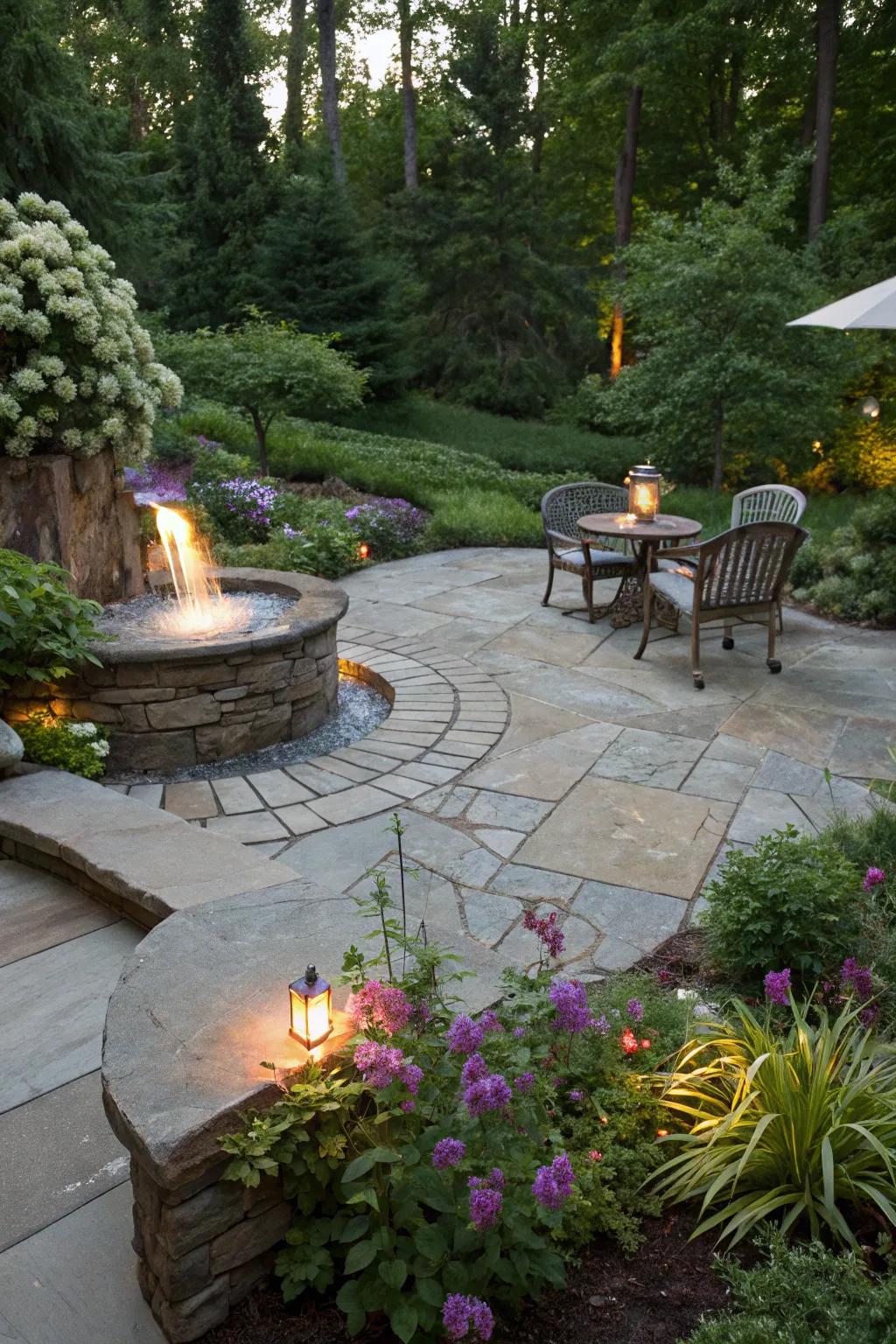 A tranquil flagstone patio featuring a water feature.