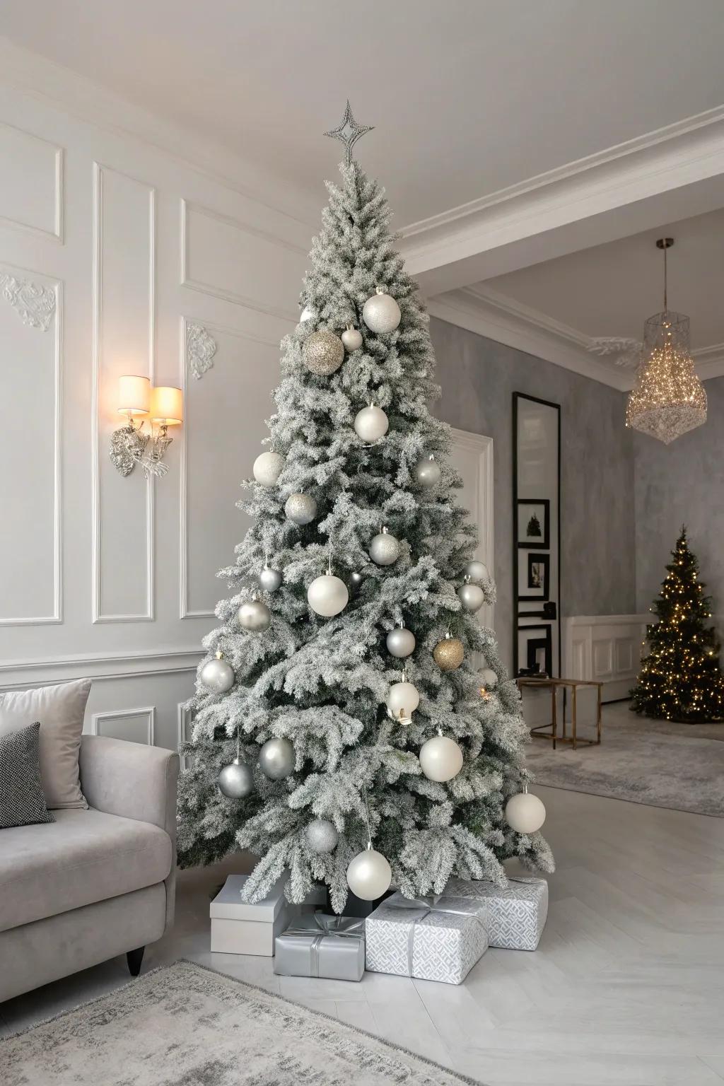 A fashionable monochrome-themed flocked Christmas tree.
