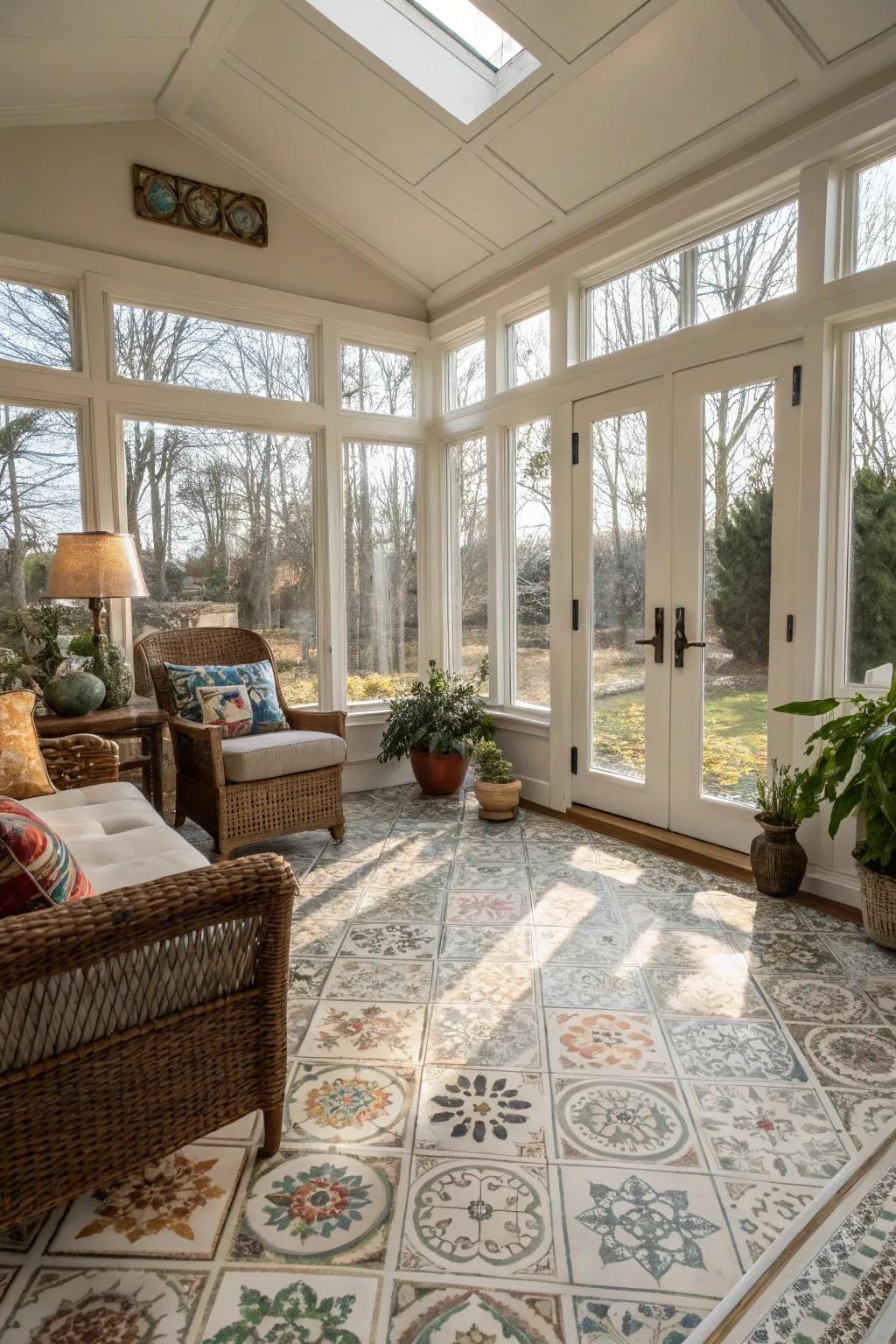 Patterned tiles create a vibrant focal point in this inviting area.