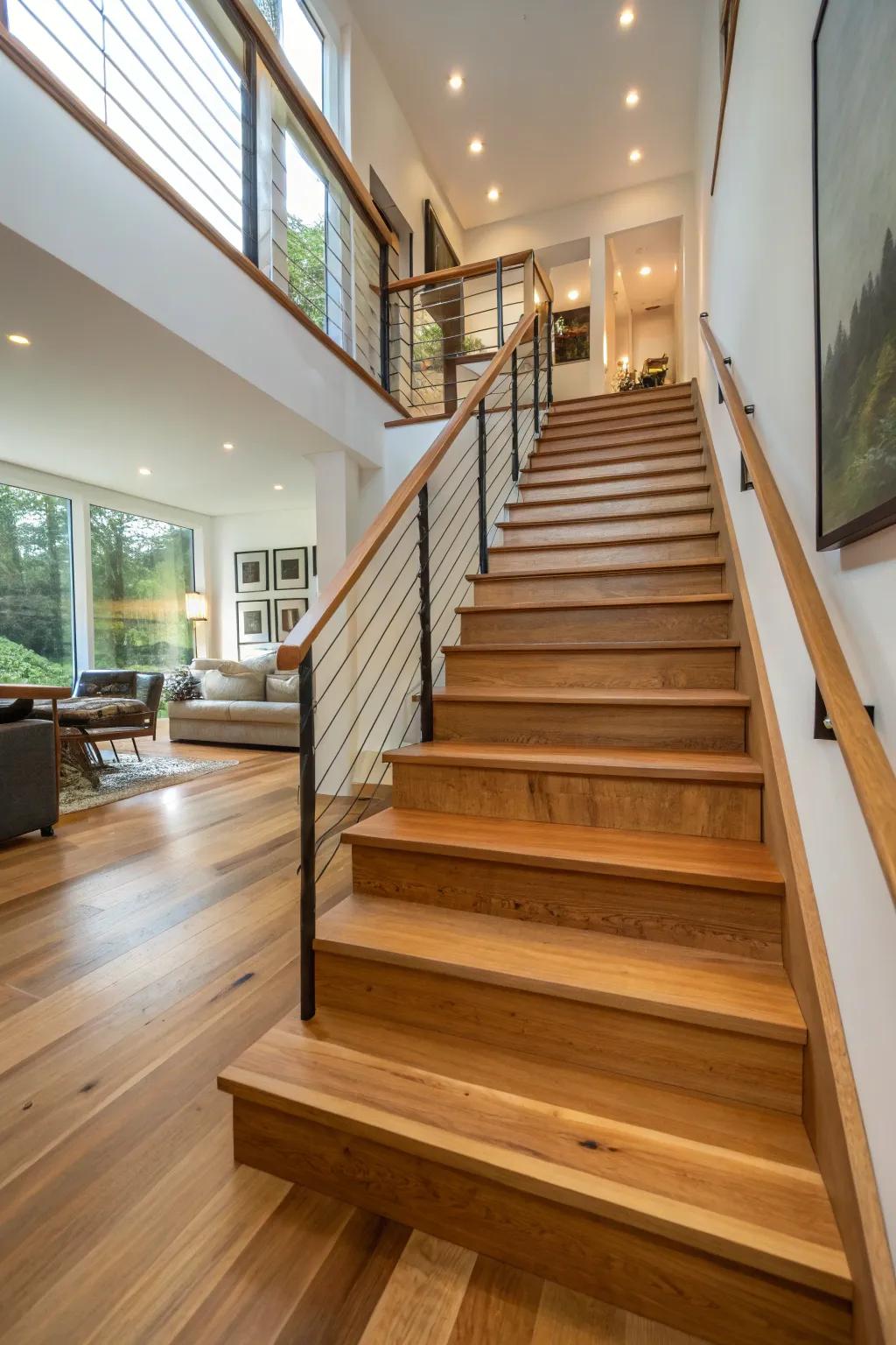 Solid wood stairs stand out with their unique grain and texture.