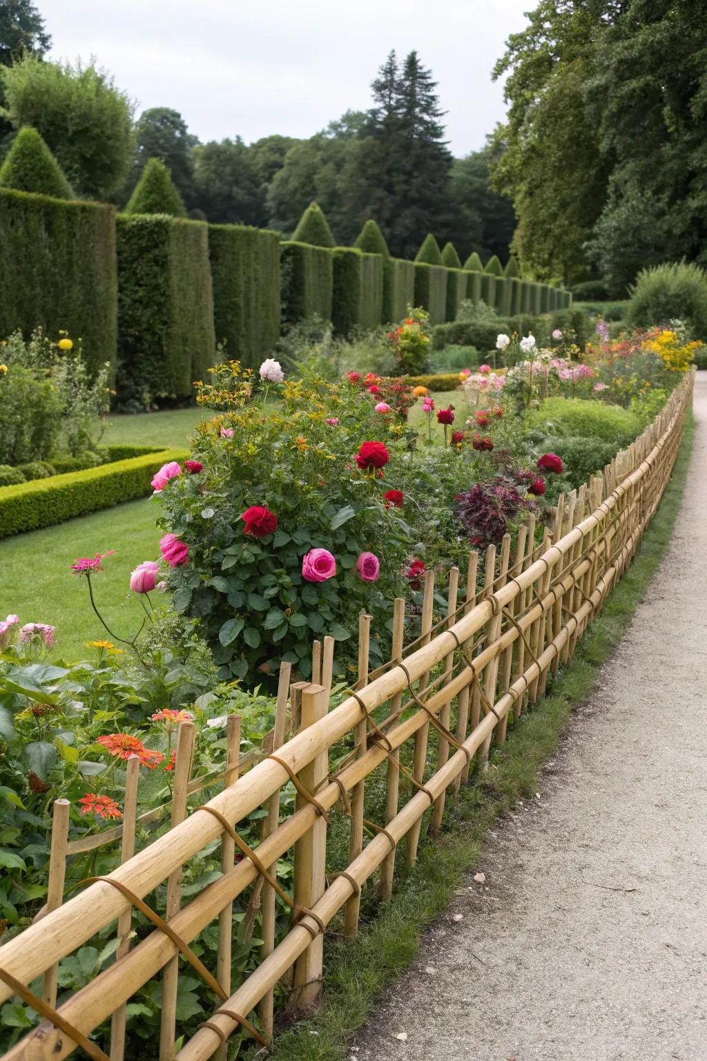 Bamboo fencing presenting a sustainable and exotic flower bed border.
