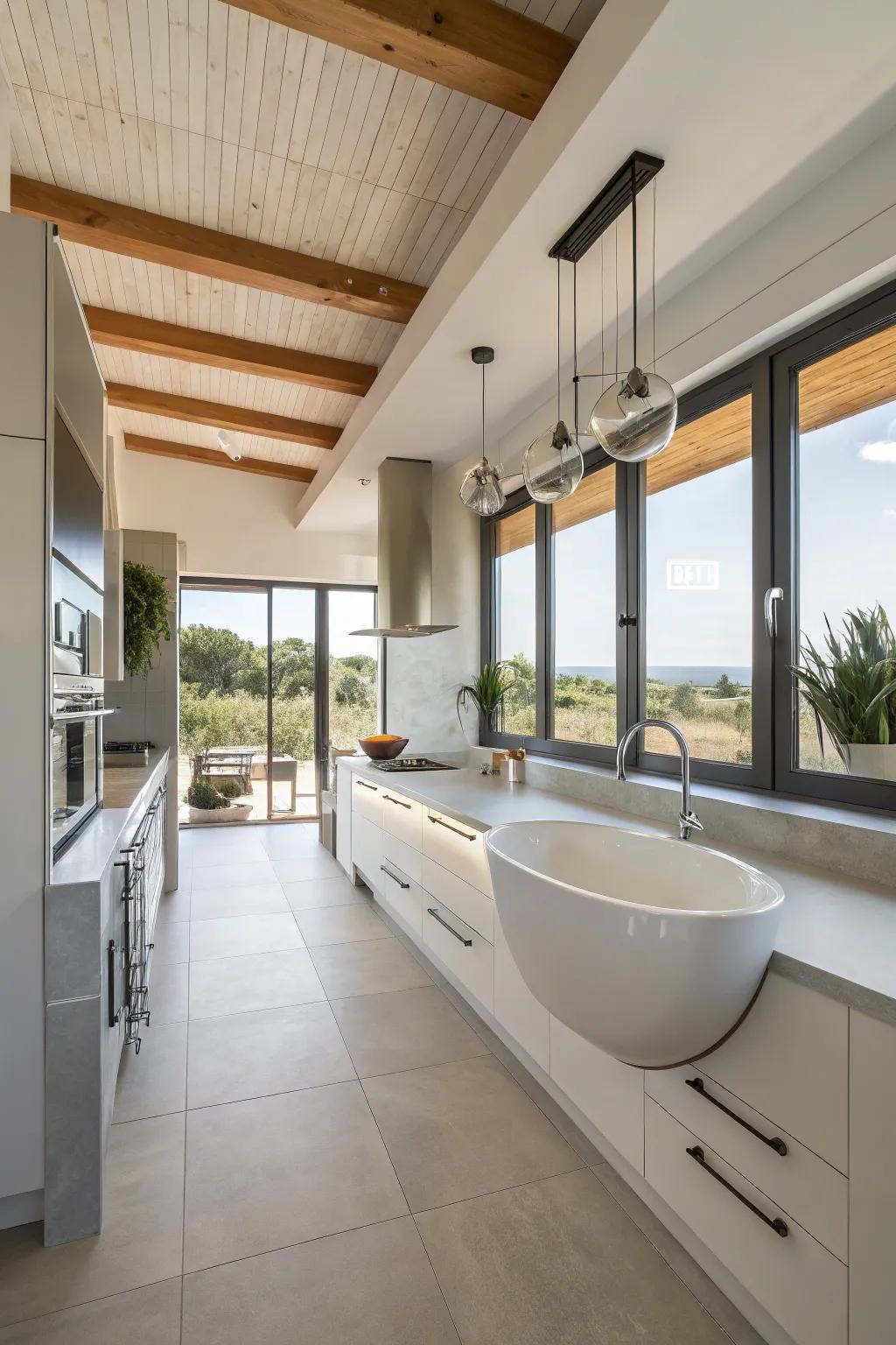 A modern kitchen equipped with a wall-mounted unattached sink for a light atmosphere.