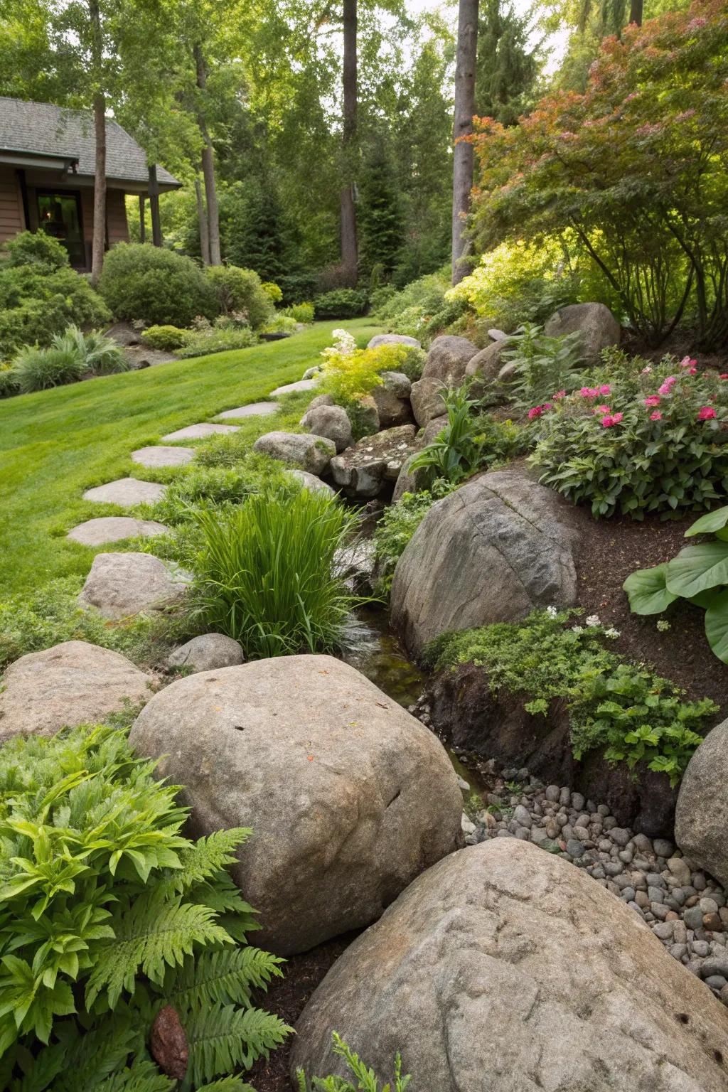 Rocks adding natural charm while concealing a drainage system in a lush landscape.