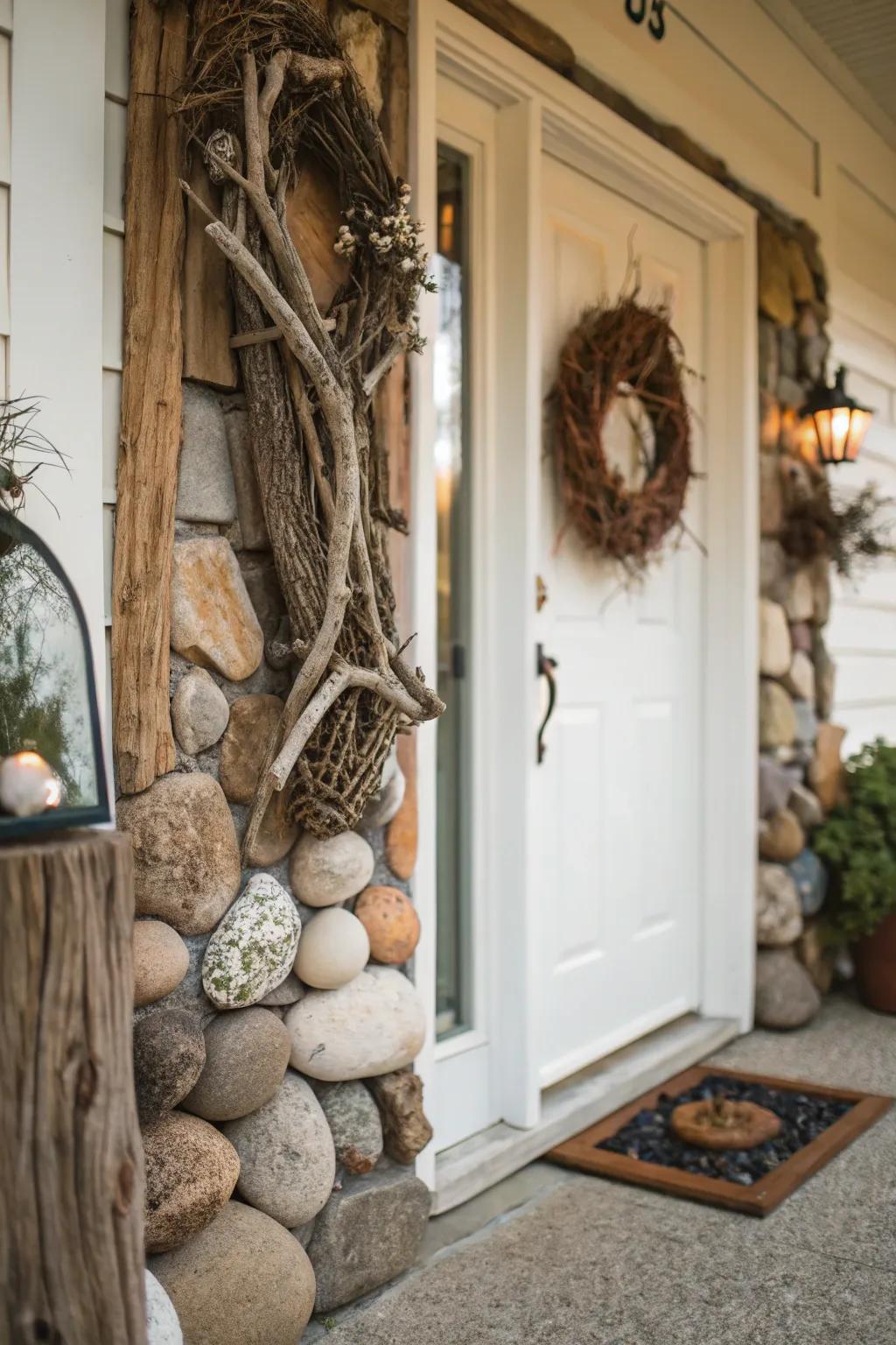 Organic features add an earthy touch to the doorstep.