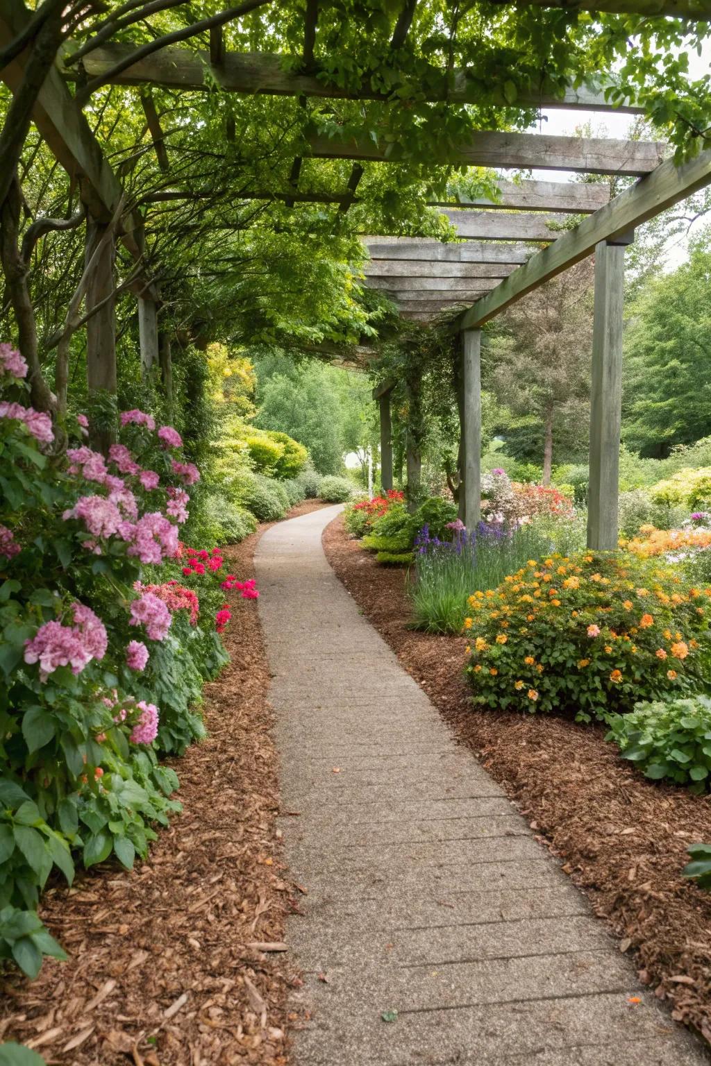 Mulched walkways give a soft, natural feel to entrances.