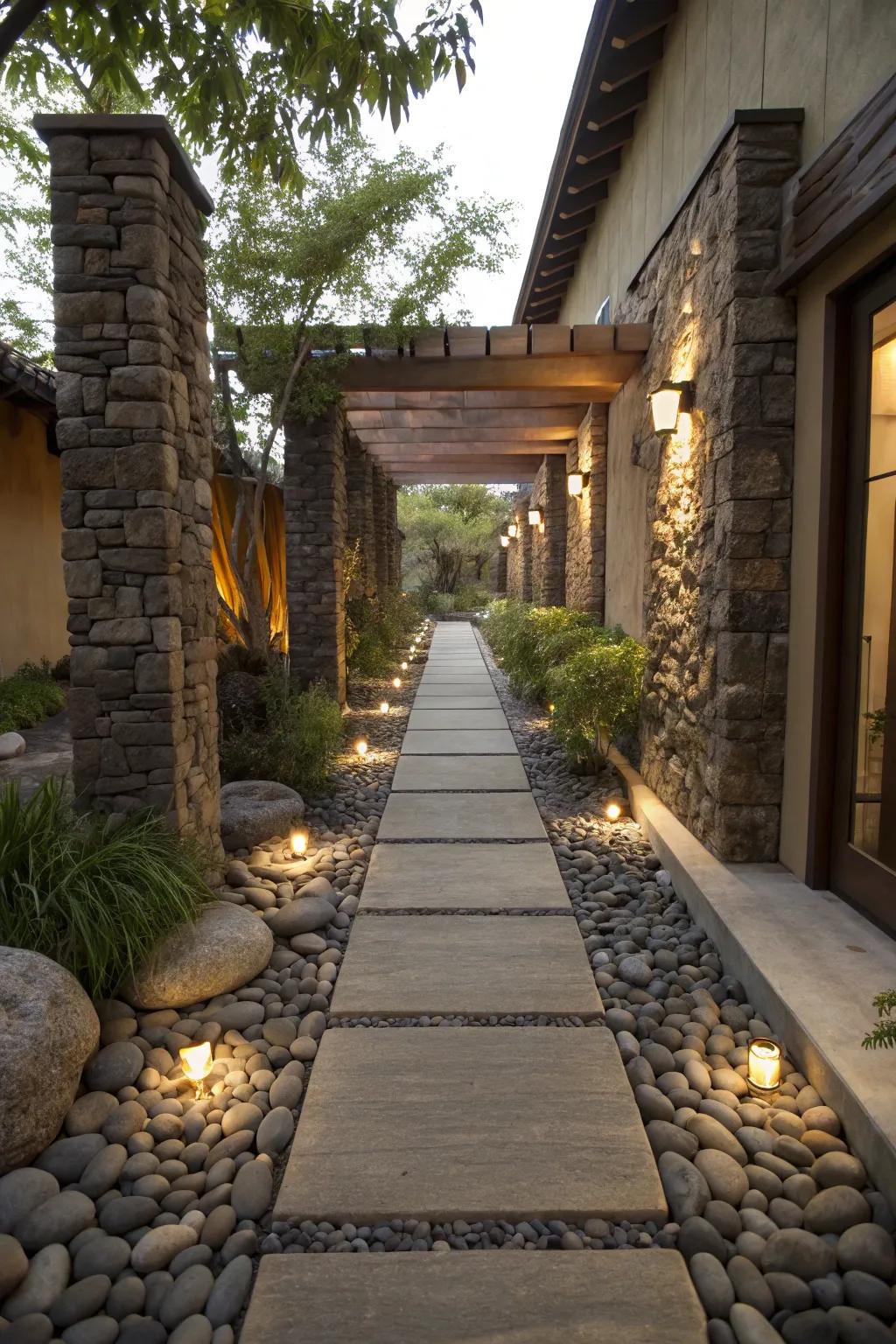 A distinctive walkway highlighted by stone accents and entry markers.
