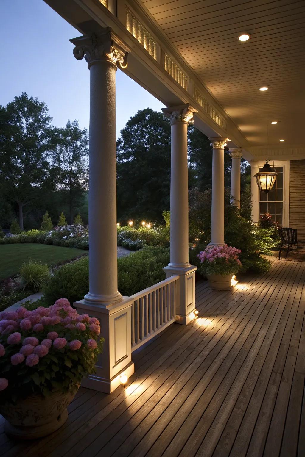 When columns are integrated with lighting, they establish a comfortable and welcoming evening atmosphere.