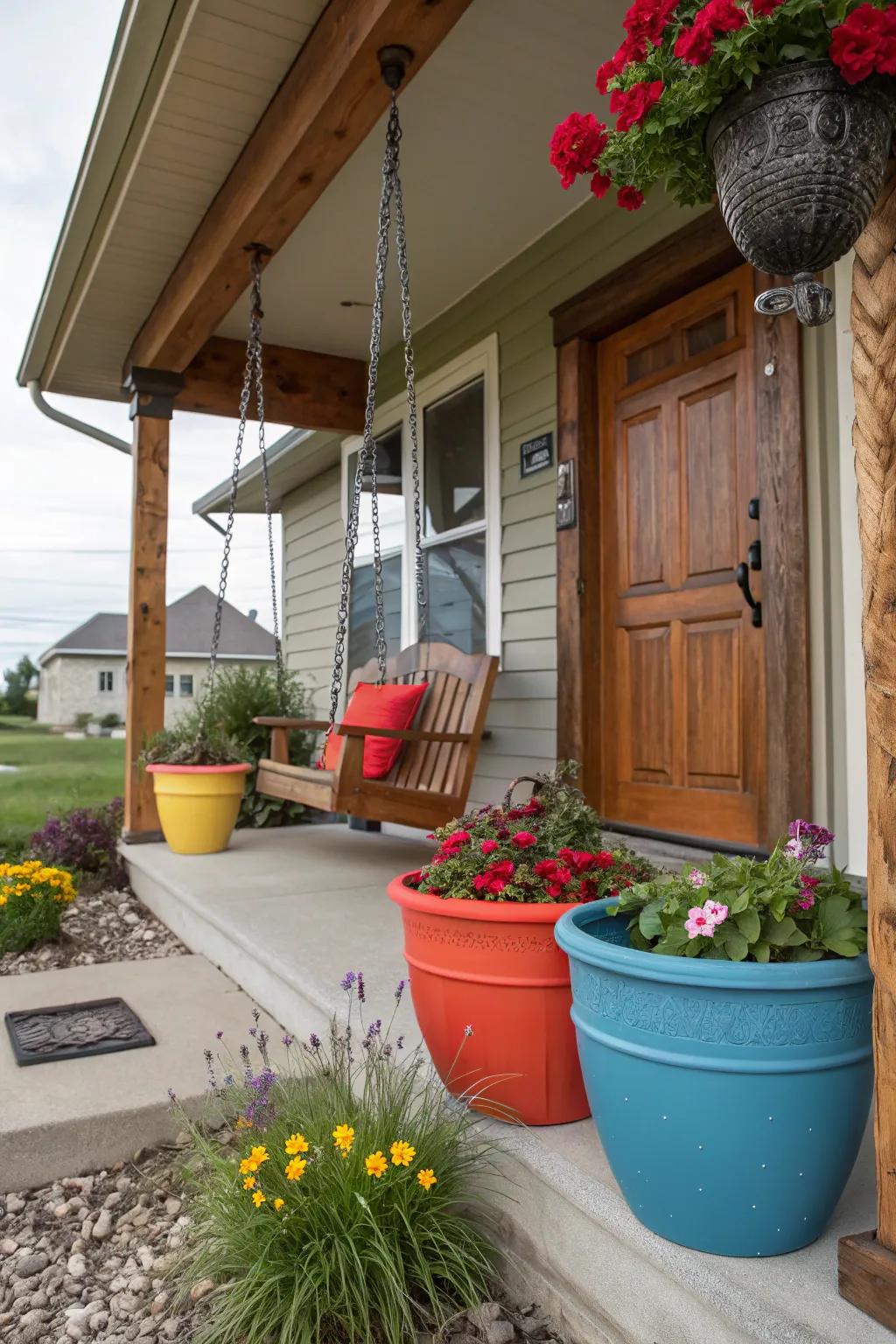 Bold colorful pots and plants add a vibrant touch to this front porch.