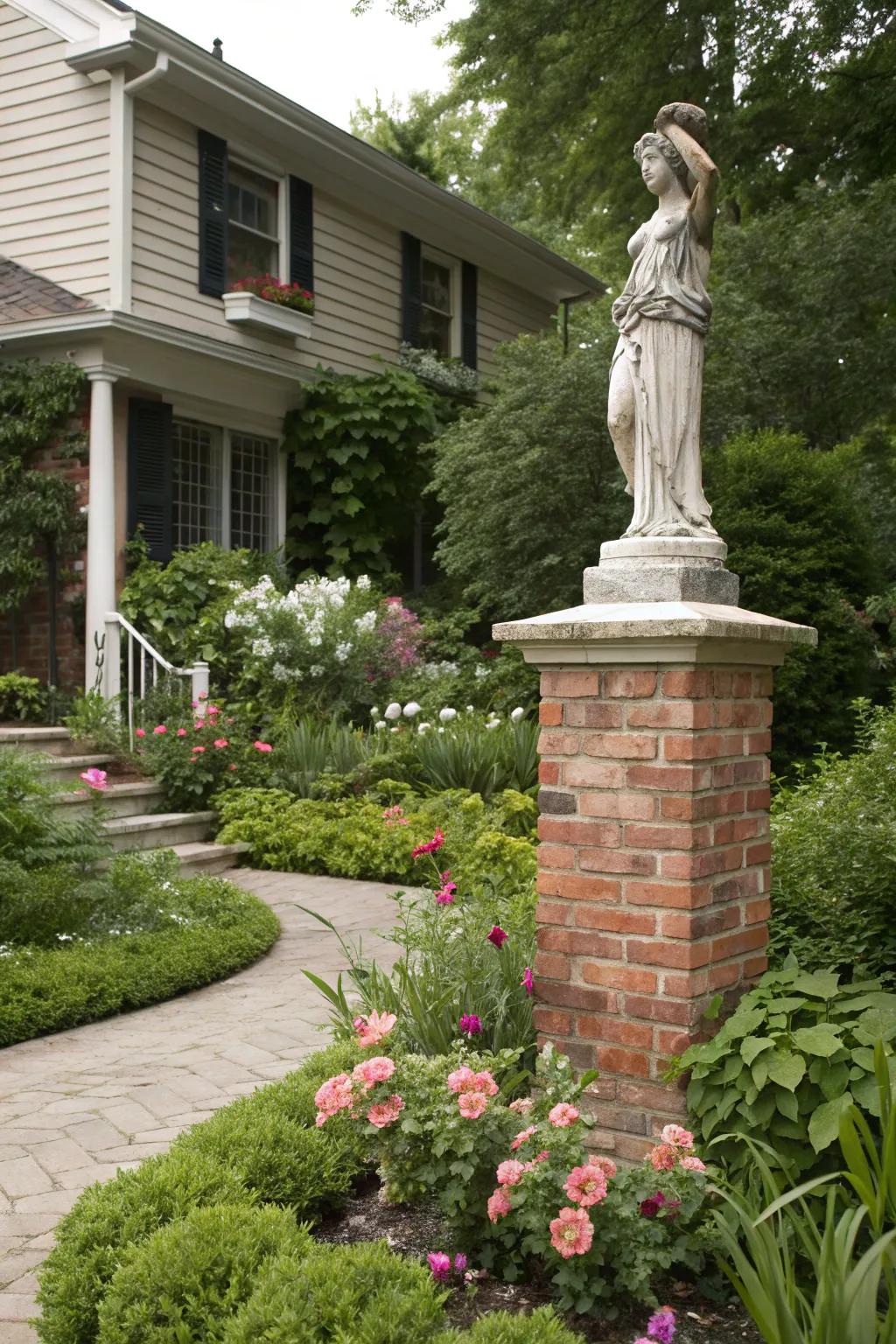 A brick pedestal highlights garden features beautifully.