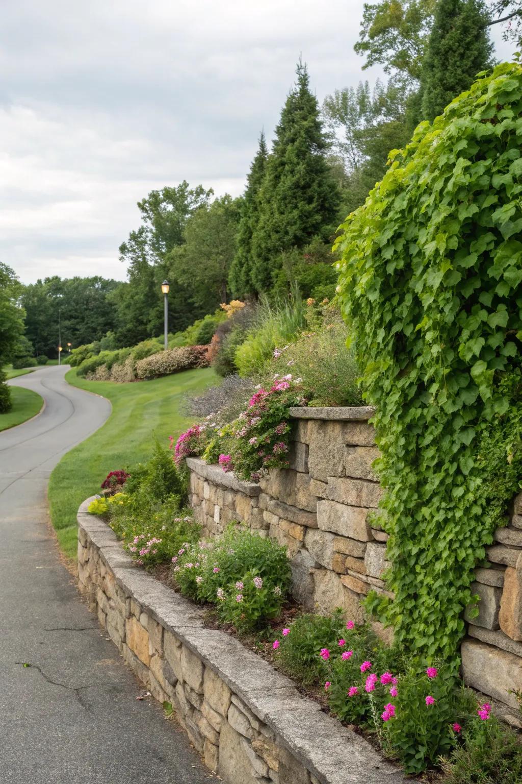 A stone retaining wall adds structure and beauty to a corner lot landscape.