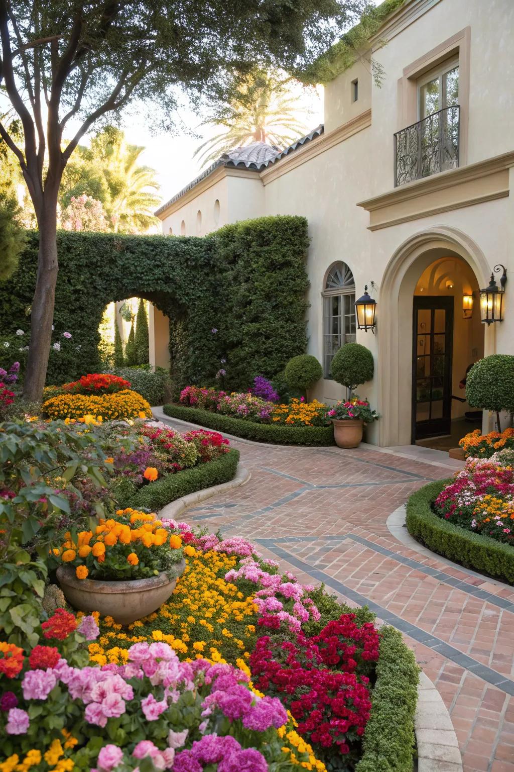 Time-based blooms add vibrant color to the courtyard.