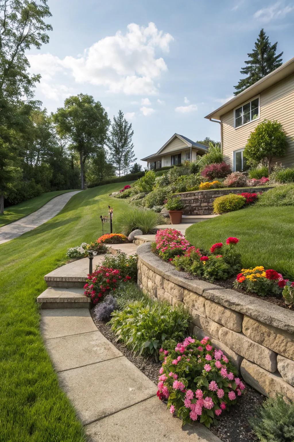 Tiered beds add visual appeal and capitalize on sloped areas.