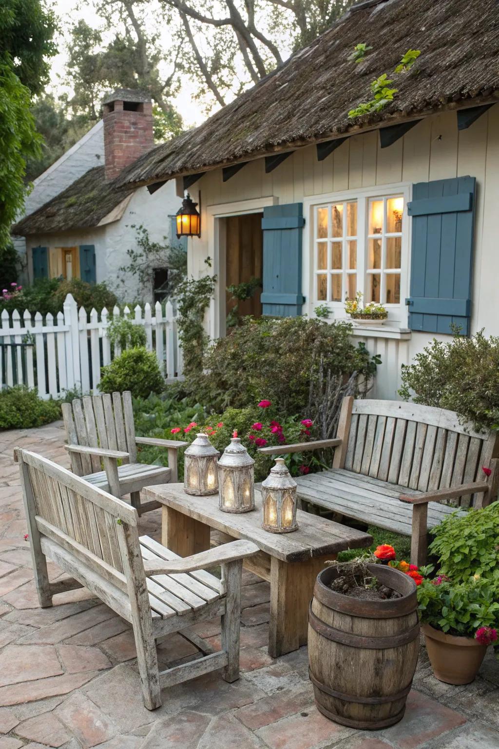 On your patio, add warmth with country wood bench seating.